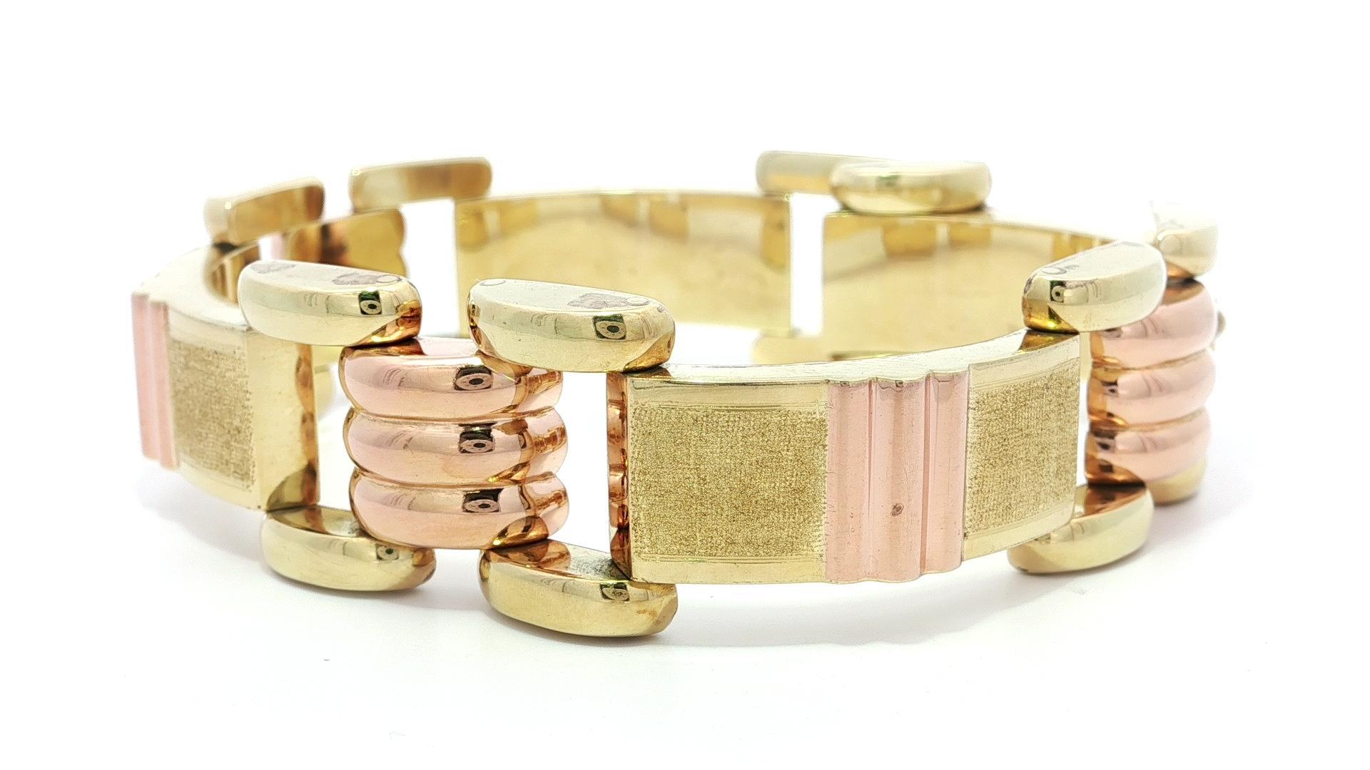 Vintage Retro 14k Yellow & Rose Gold Dual Finish Open Geometric Link Bracelet Pour femmes en vente