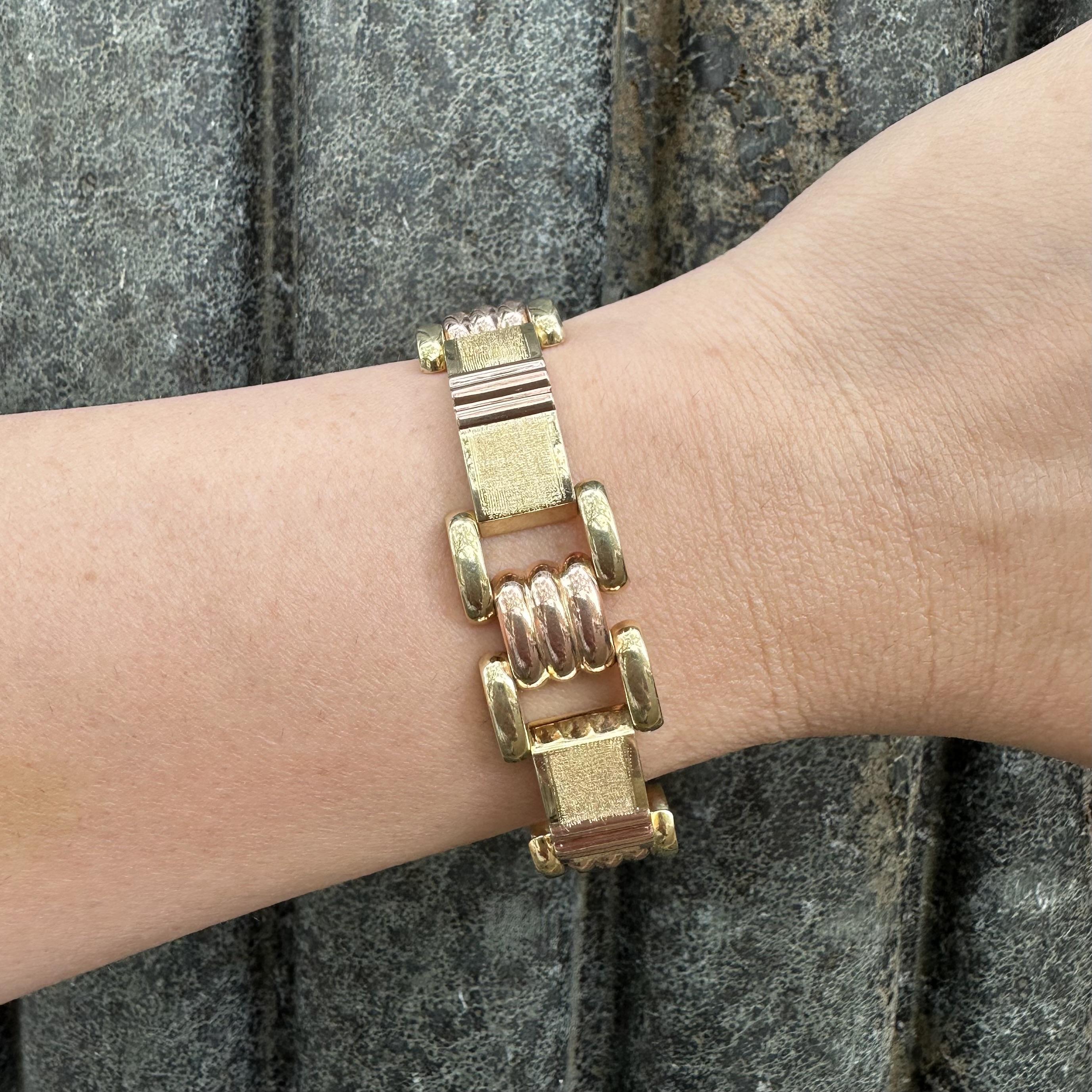 Vintage Retro 14k Yellow & Rose Gold Dual Finish Open Geometric Link Bracelet en vente 2