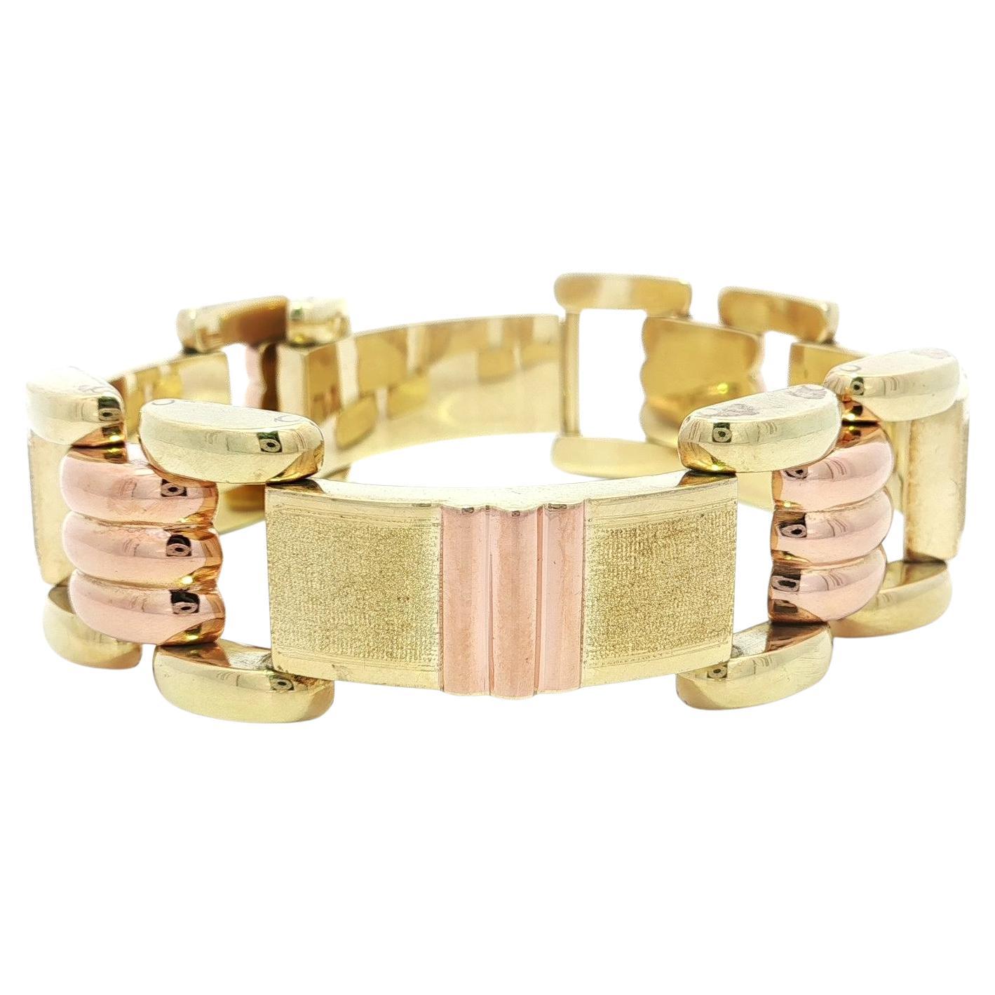 Vintage Retro 14k Yellow & Rose Gold Dual Finish Open Geometric Link Bracelet