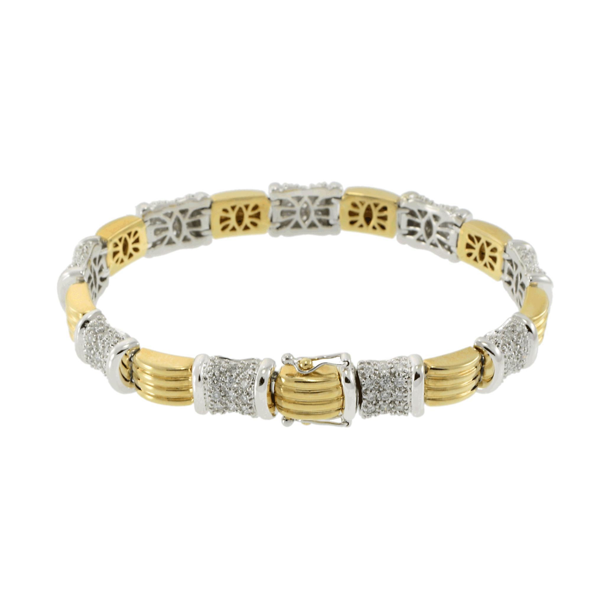 Taille brillant Vintage Retro 14KT Two-Tone Gold 9-Section Diamond Bracelet en vente