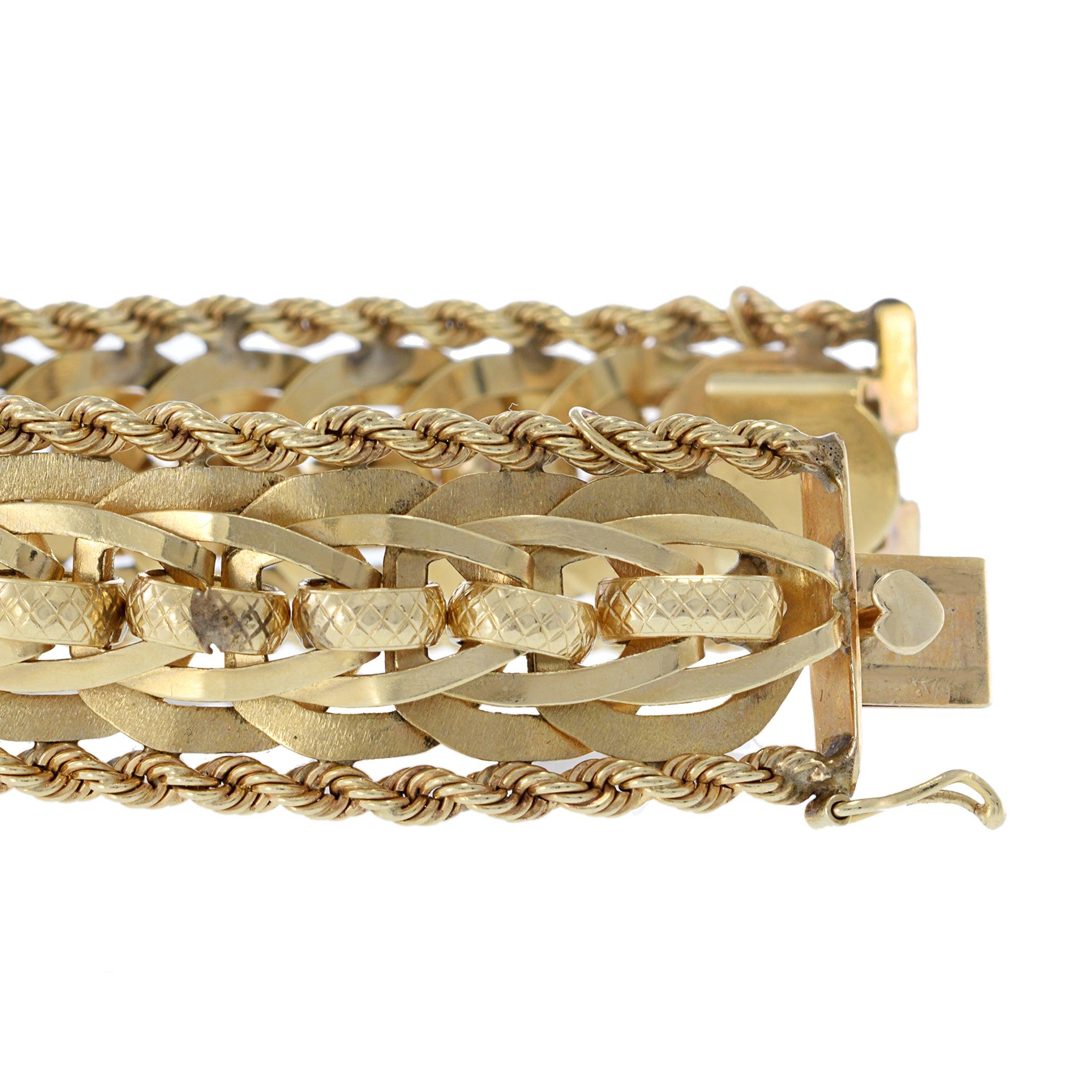 Women's or Men's Vintage Retro 14KT Yellow Gold Mesh Loop Bracelet with Rope Sides