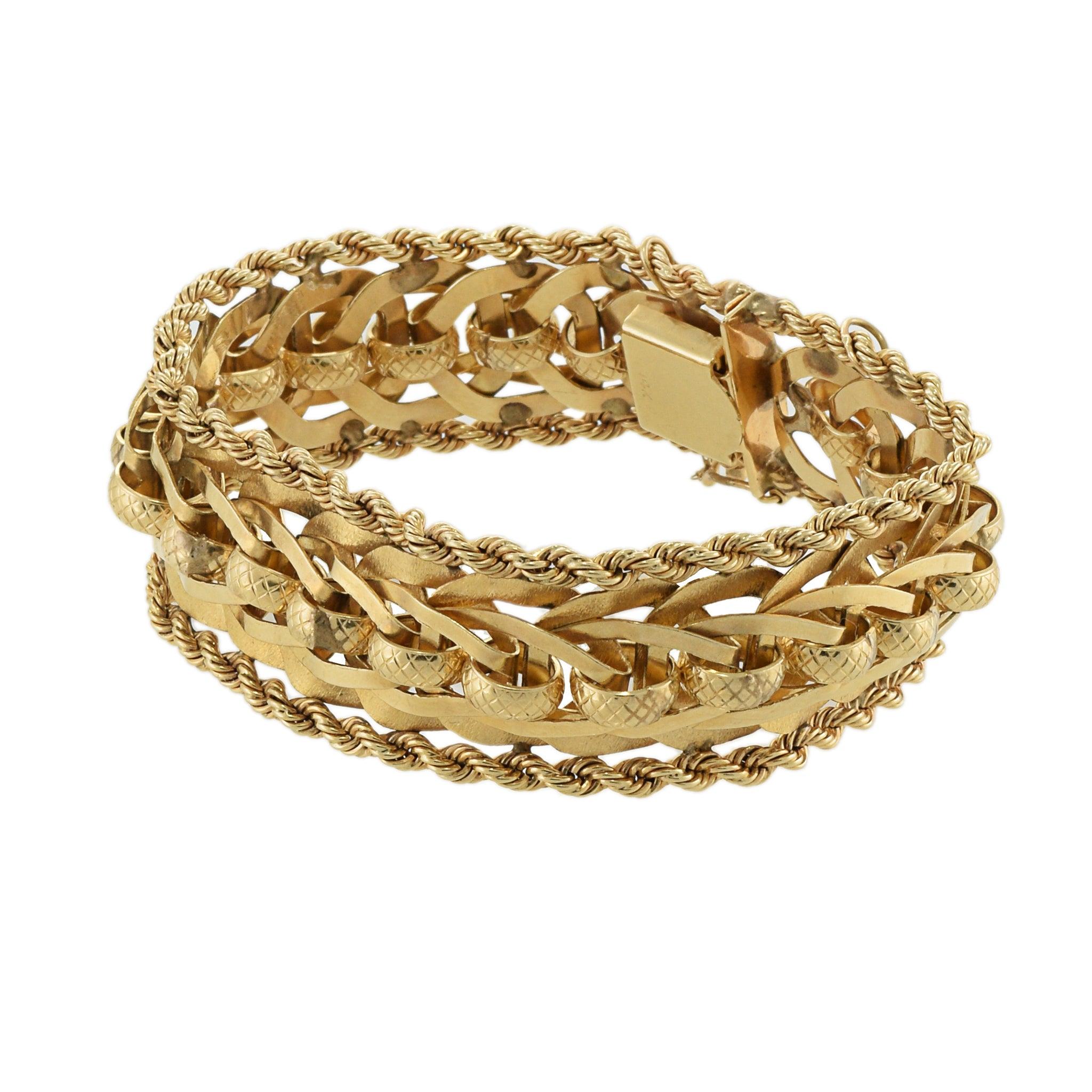 Vintage Retro 14KT Yellow Gold Mesh Loop Bracelet with Rope Sides 1