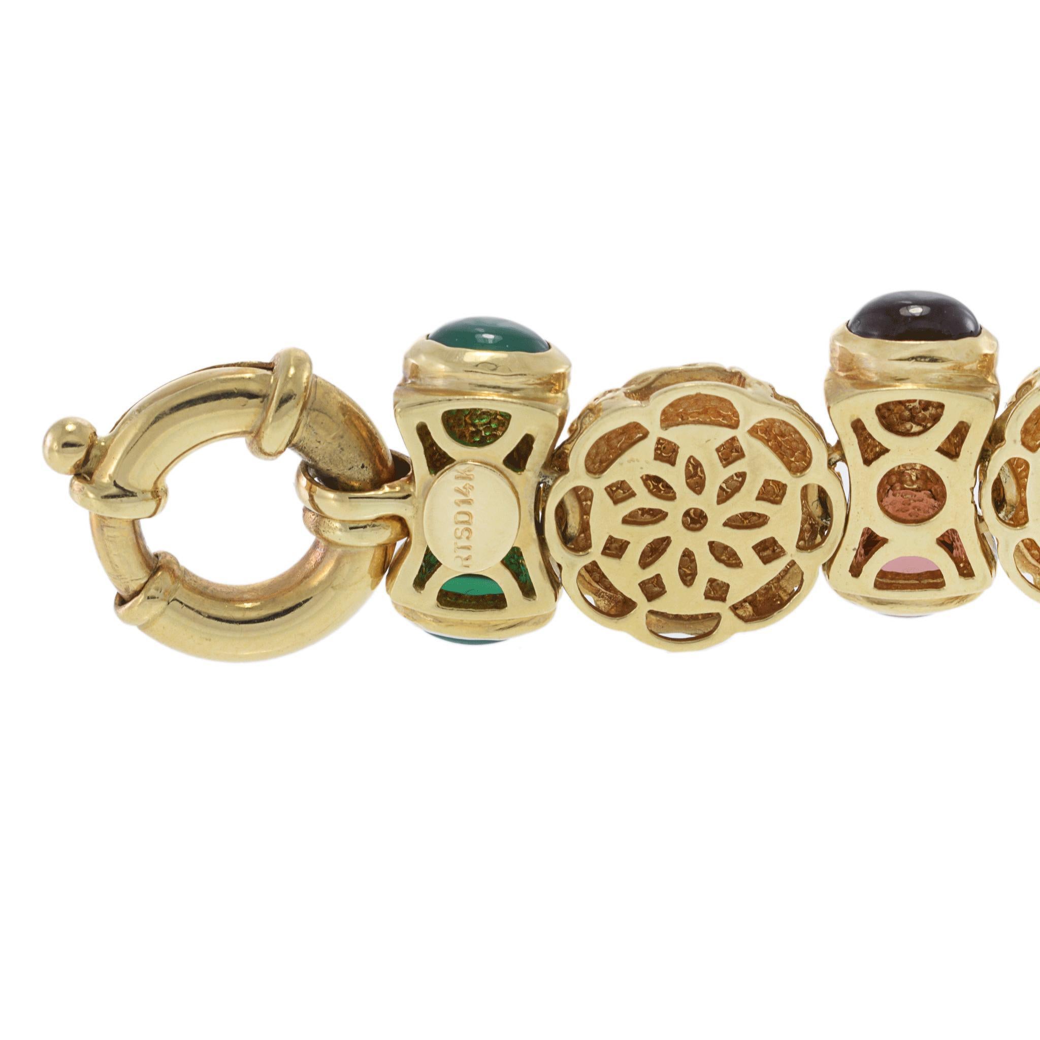 Rétro Bracelet Vintage Retro en or jaune 14KT multi-gemmes en vente