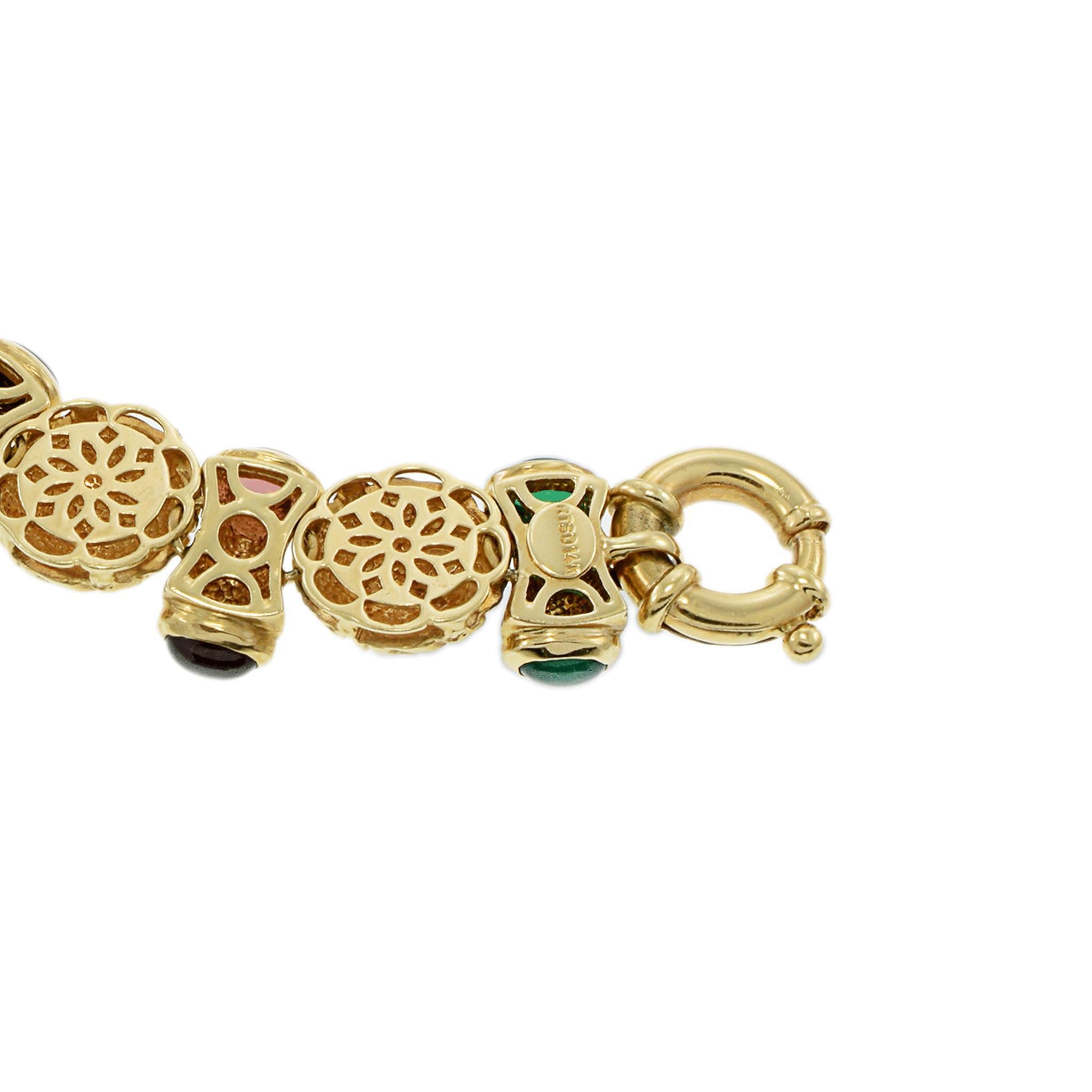 Taille cabochon Bracelet Vintage Retro en or jaune 14KT multi-gemmes en vente