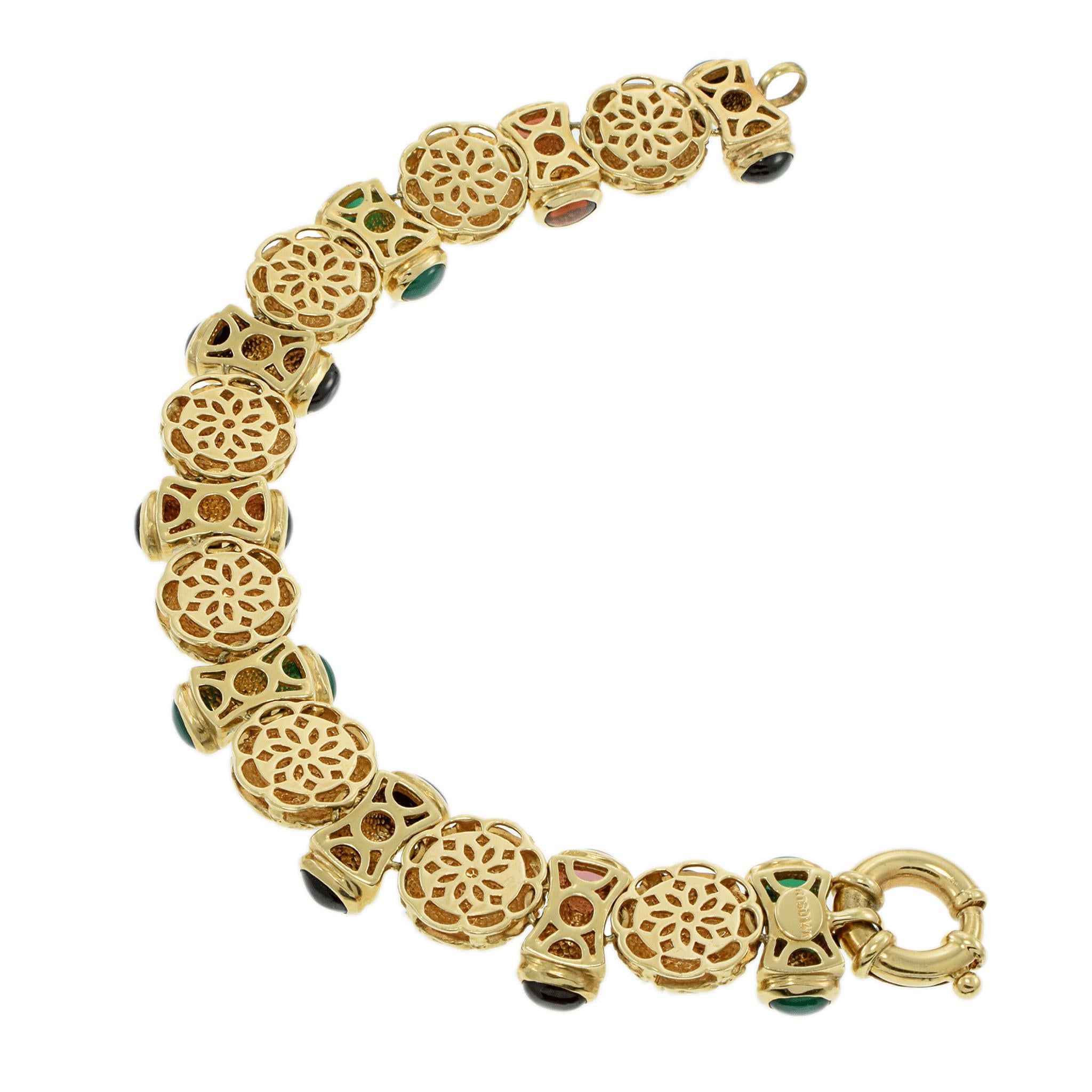 Bracelet Vintage Retro en or jaune 14KT multi-gemmes en vente 1