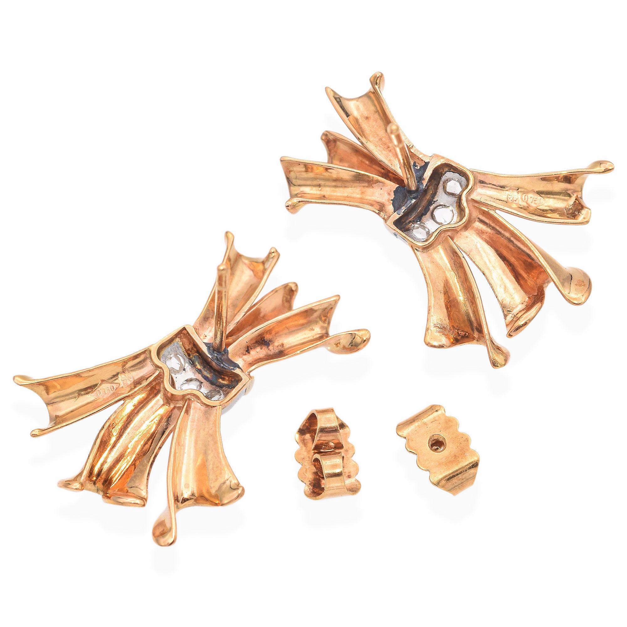 Vintage Retro-Ohrringe aus 15 Karat Gelbgold mit Diamanten im Rosenschliff im Rosenschliff Damen im Angebot