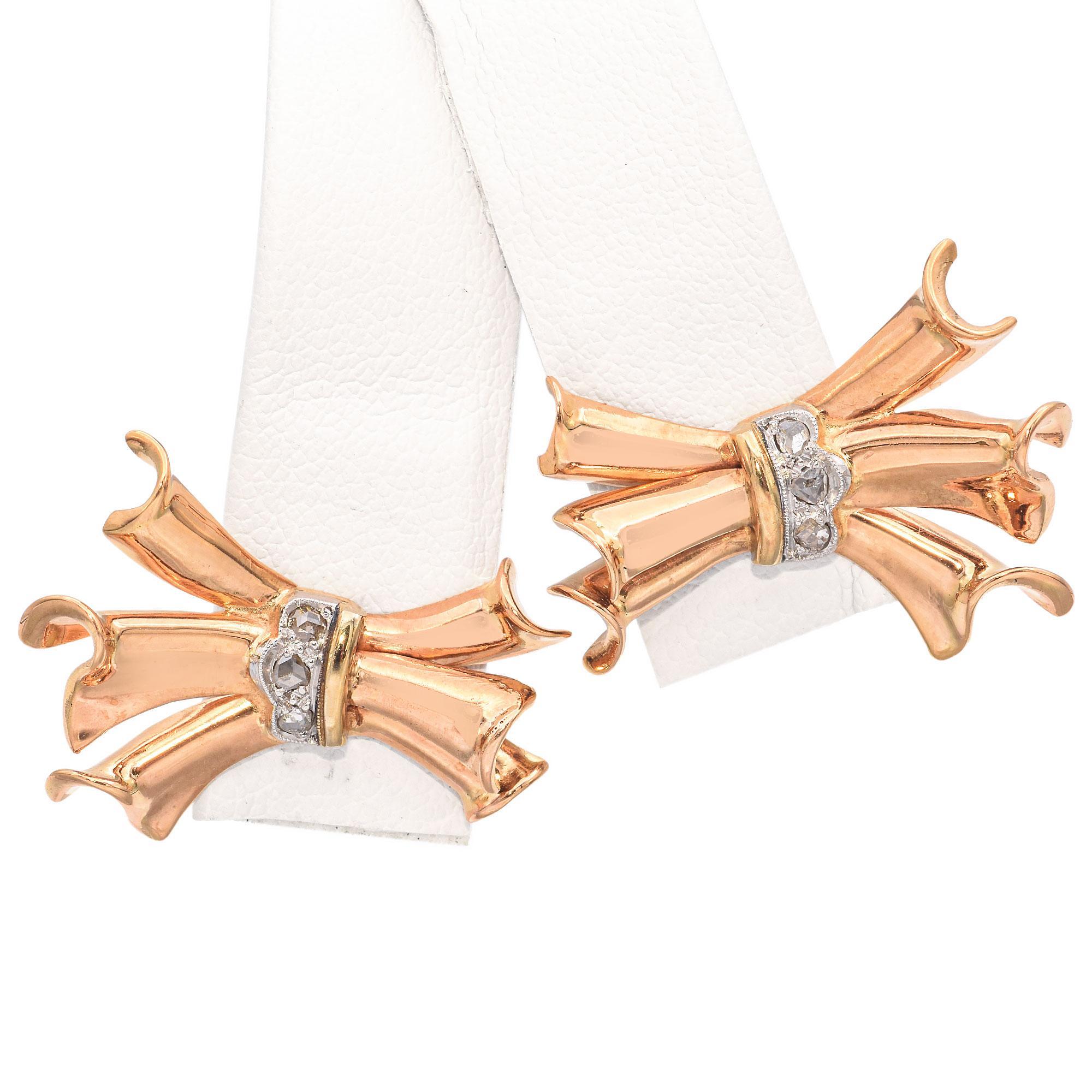 Vintage Retro-Ohrringe aus 15 Karat Gelbgold mit Diamanten im Rosenschliff im Rosenschliff im Angebot 1