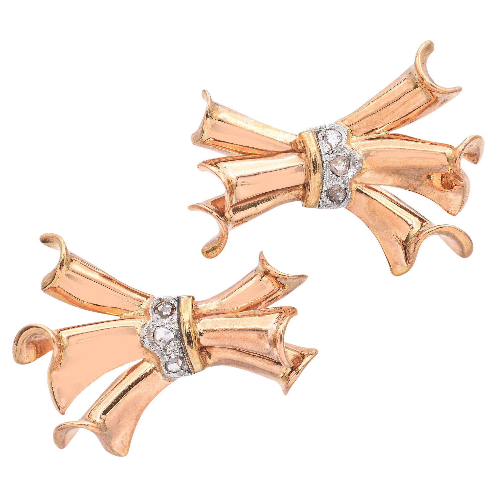 Vintage Retro 15k Yellow Gold Ribbon With Rose Cut Diamonds Earrings