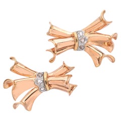 Vintage Retro 15k Yellow Gold Ribbon With Rose Cut Diamonds Earrings