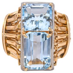Vintage Retro 17k Yellow Gold and Silver 7.65tcw Aquamarine Statement Ring