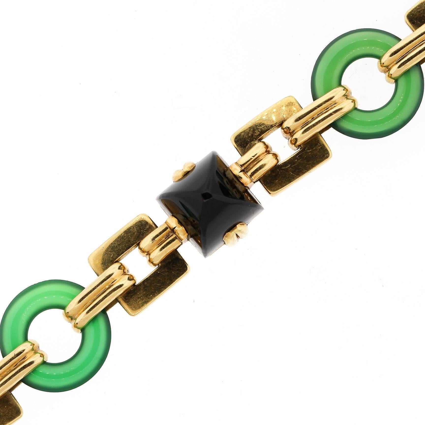 Women's or Men's Vintage Retro 18 Karat Gold Onyx Chrysophrase Link Bracelet