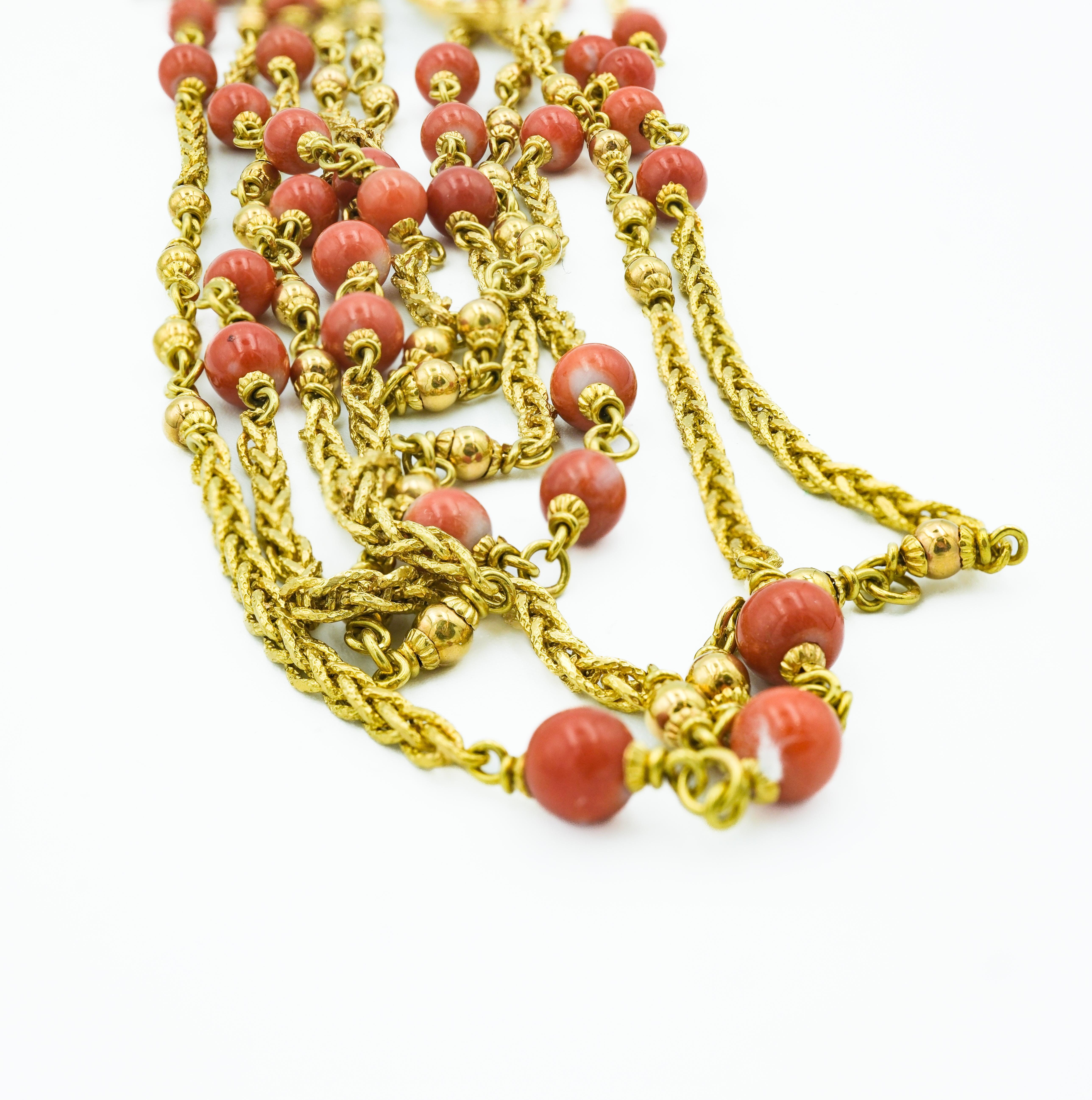 Vintage Retro 18 Karat Yellow Gold Beaded Coral Multi-String Layered Necklace In Good Condition For Sale In Fairfield, CT