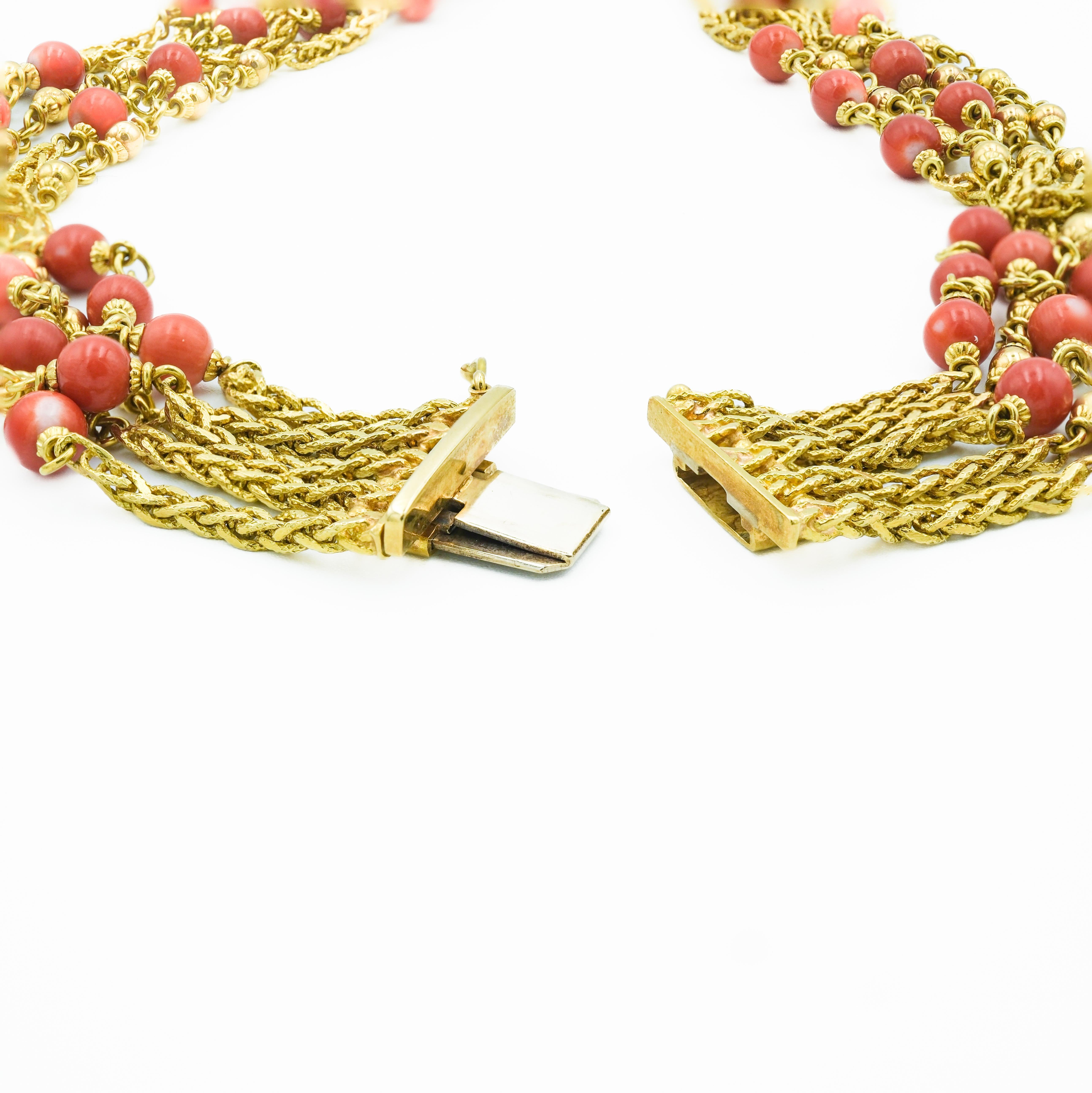 Women's Vintage Retro 18 Karat Yellow Gold Beaded Coral Multi-String Layered Necklace For Sale