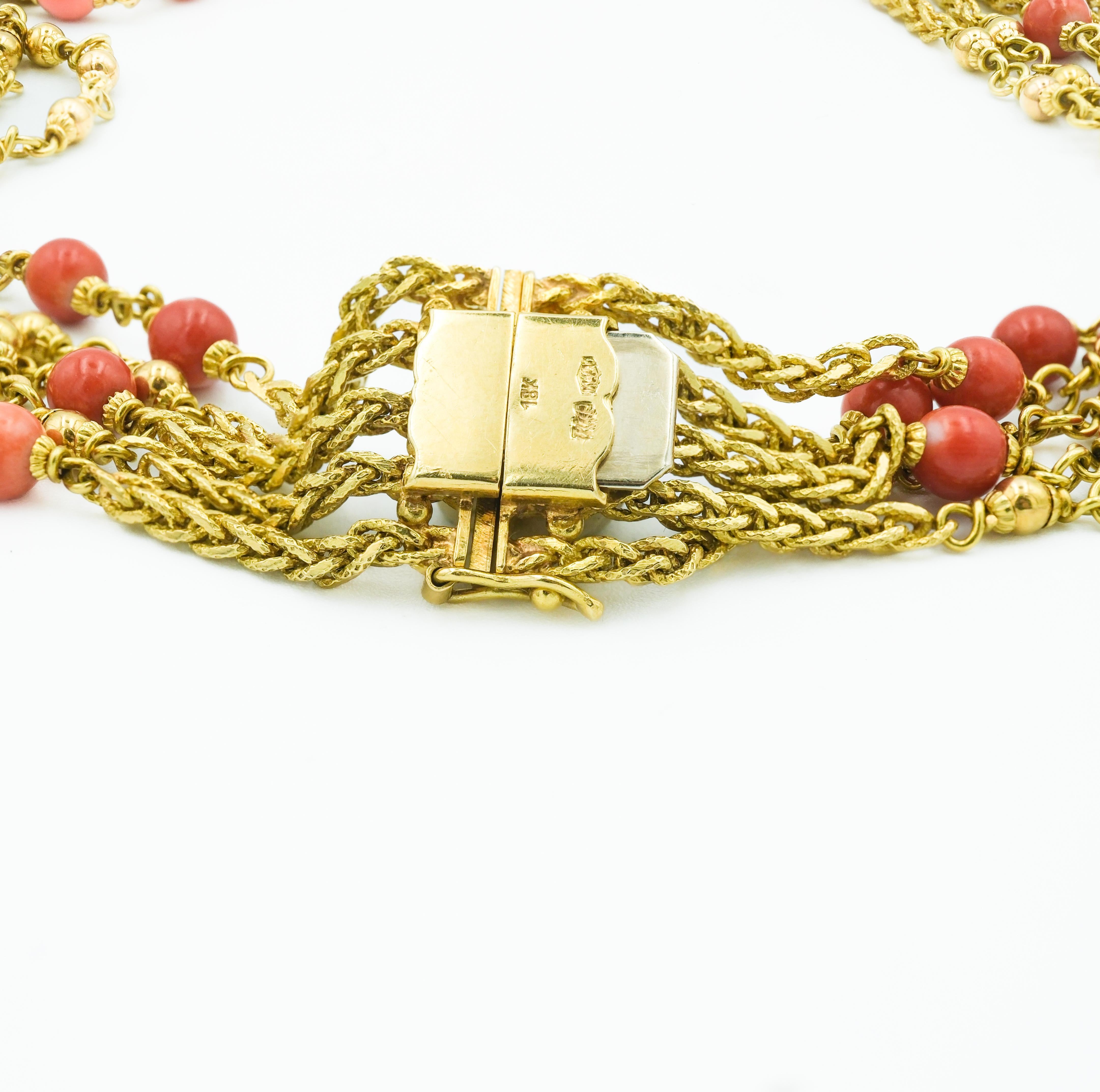 Vintage Retro 18 Karat Yellow Gold Beaded Coral Multi-String Layered Necklace For Sale 1