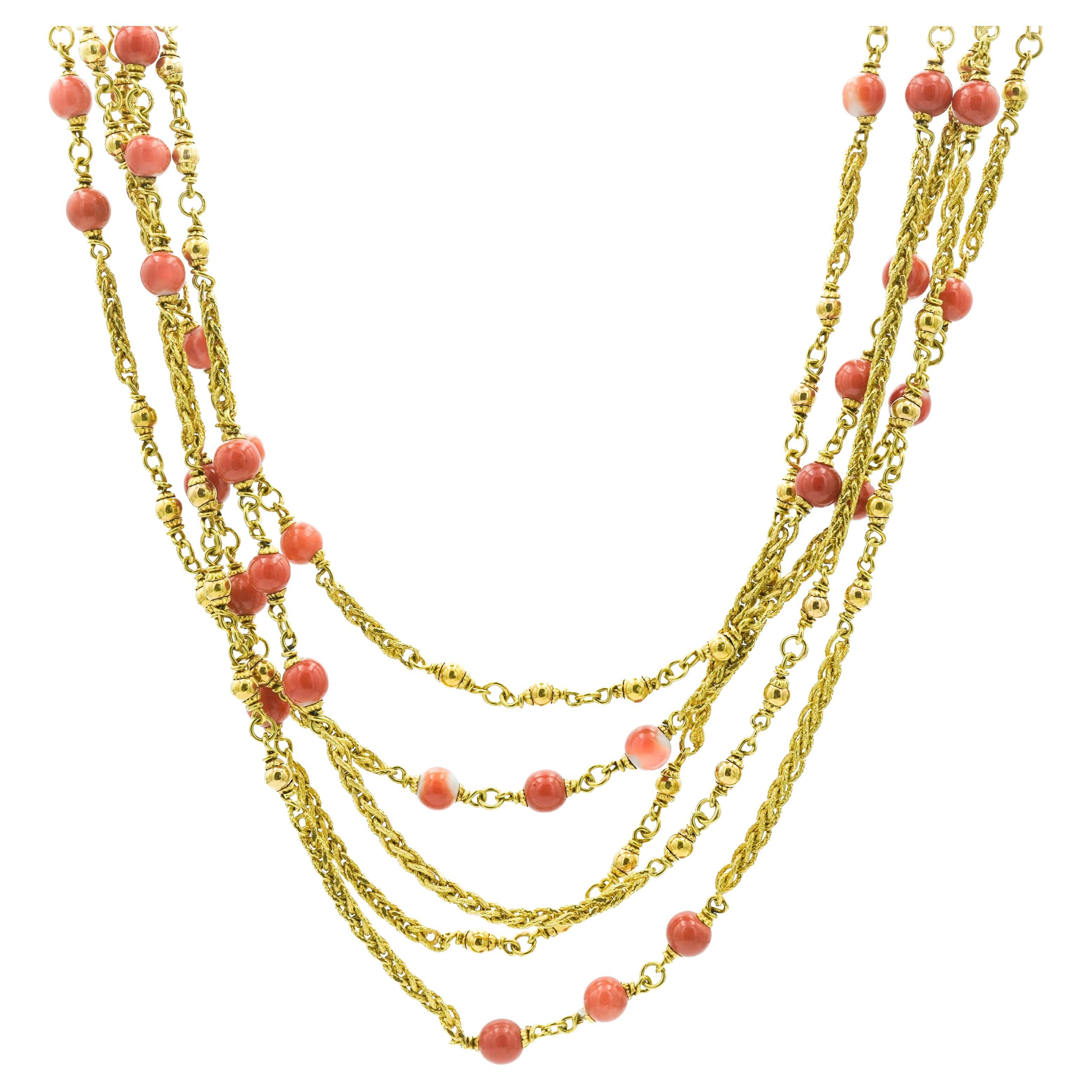 Vintage Retro 18 Karat Yellow Gold Beaded Coral Multi-String Layered Necklace For Sale
