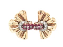 Vintage Retro 1.80ctw Round Ruby & Diamond Buckle Ruffled Fan Omega Earrings