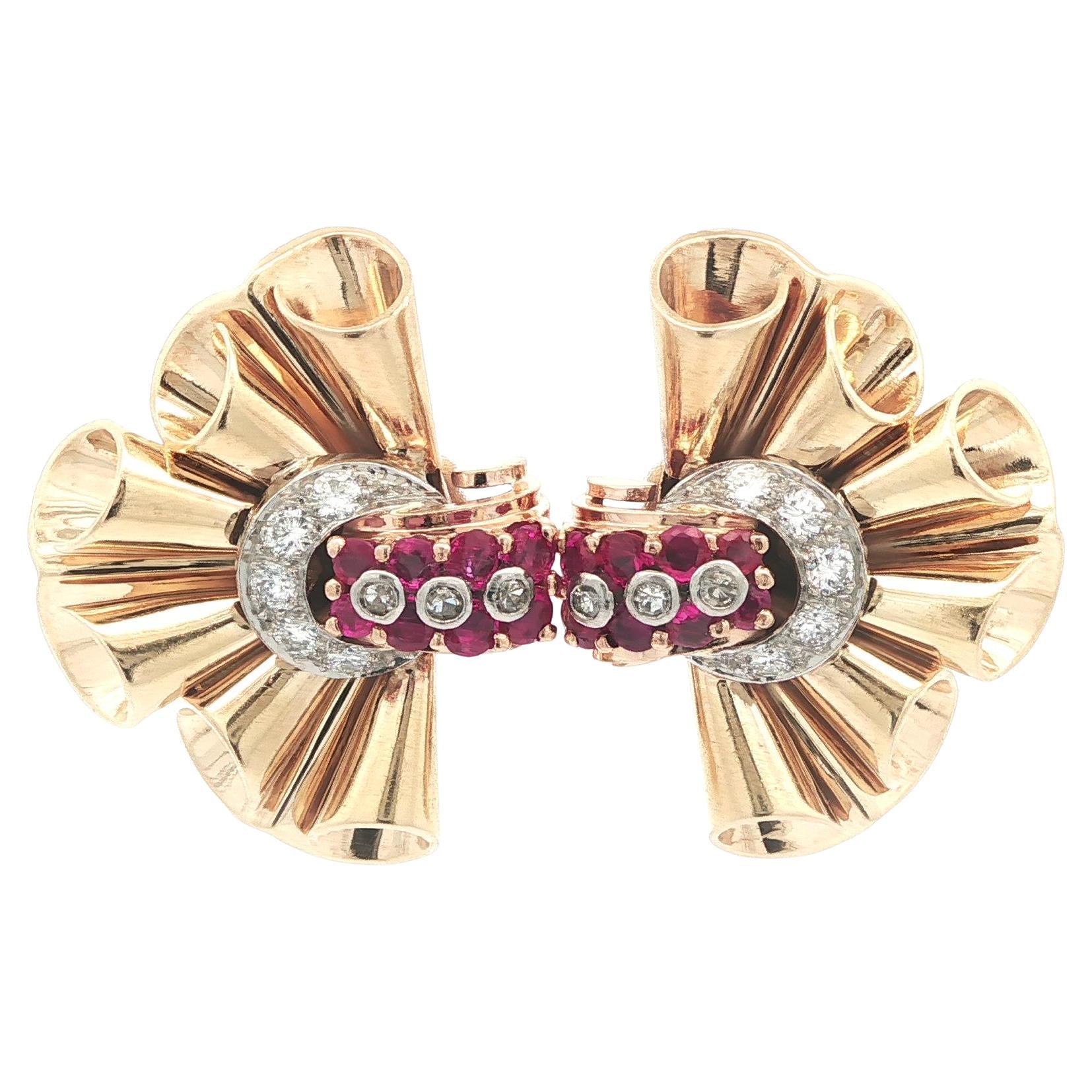 Vintage Retro 1.80ctw Round Ruby 
Diamond Buckle Ruffled Fan Omega Earrings For Sale