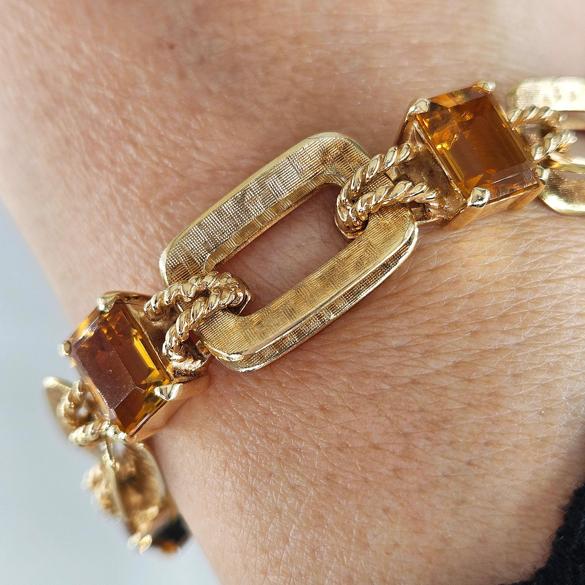 Vintage Retro 18.90ctw Emerald cut Citrine Line Link 14k Yellow Gold Bracelet For Sale 5