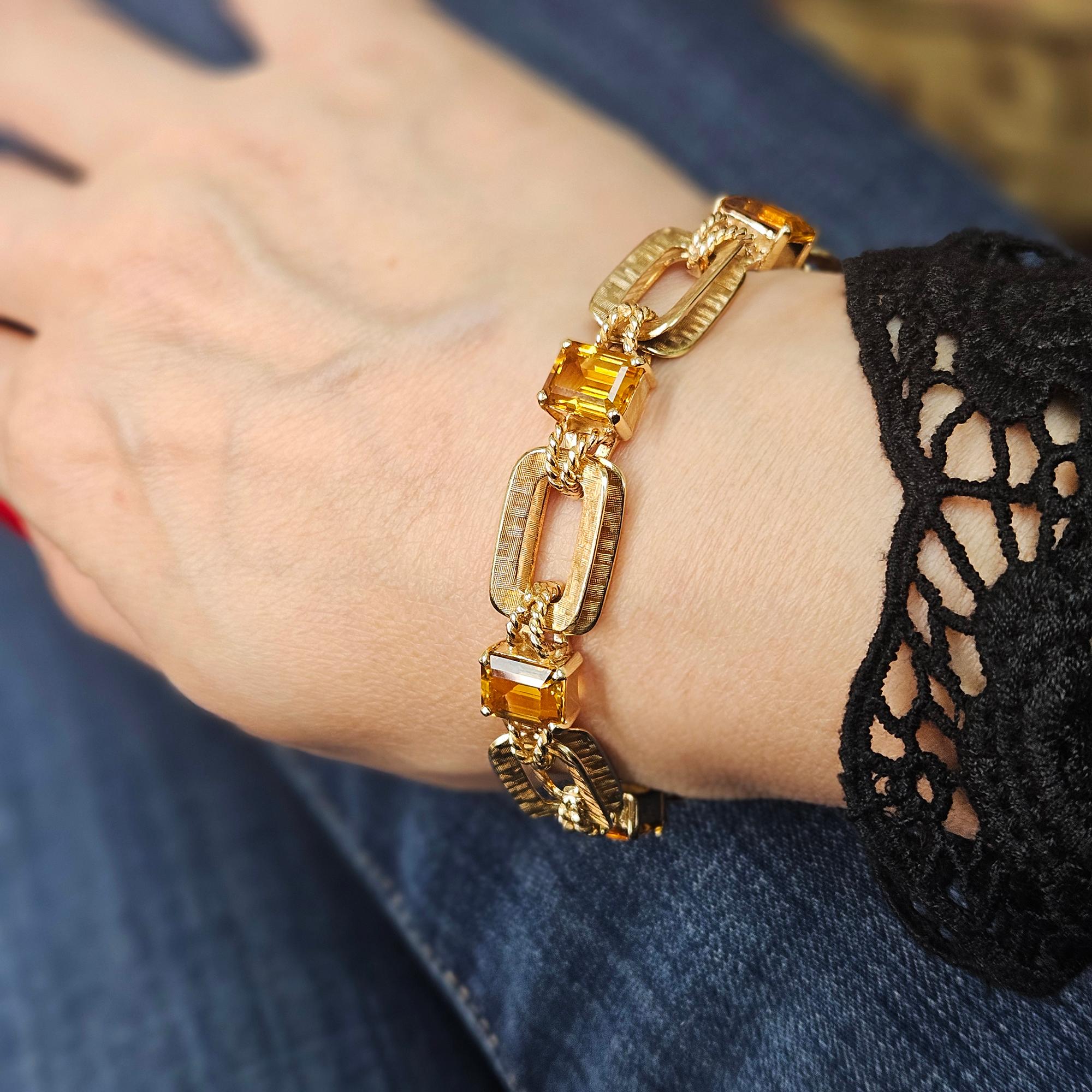 Vintage Retro 18.90ctw Emerald cut Citrine Line Link 14k Yellow Gold Bracelet For Sale 7