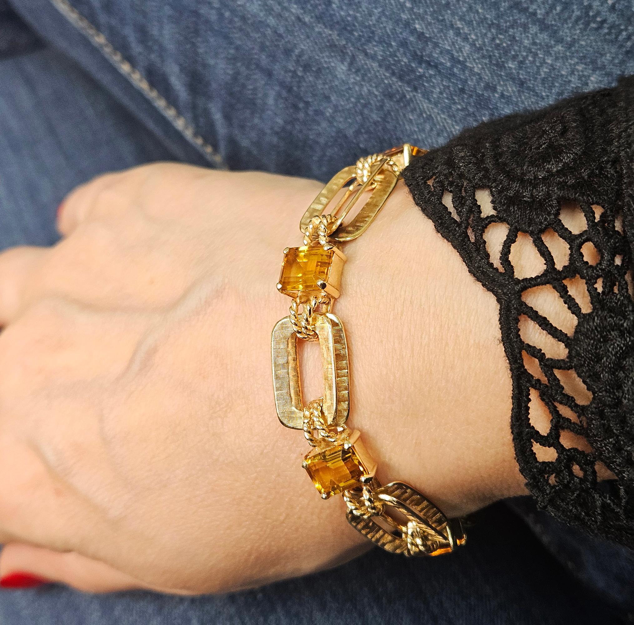 Vintage Retro 18.90ctw Emerald cut Citrine Line Link 14k Yellow Gold Bracelet For Sale 8