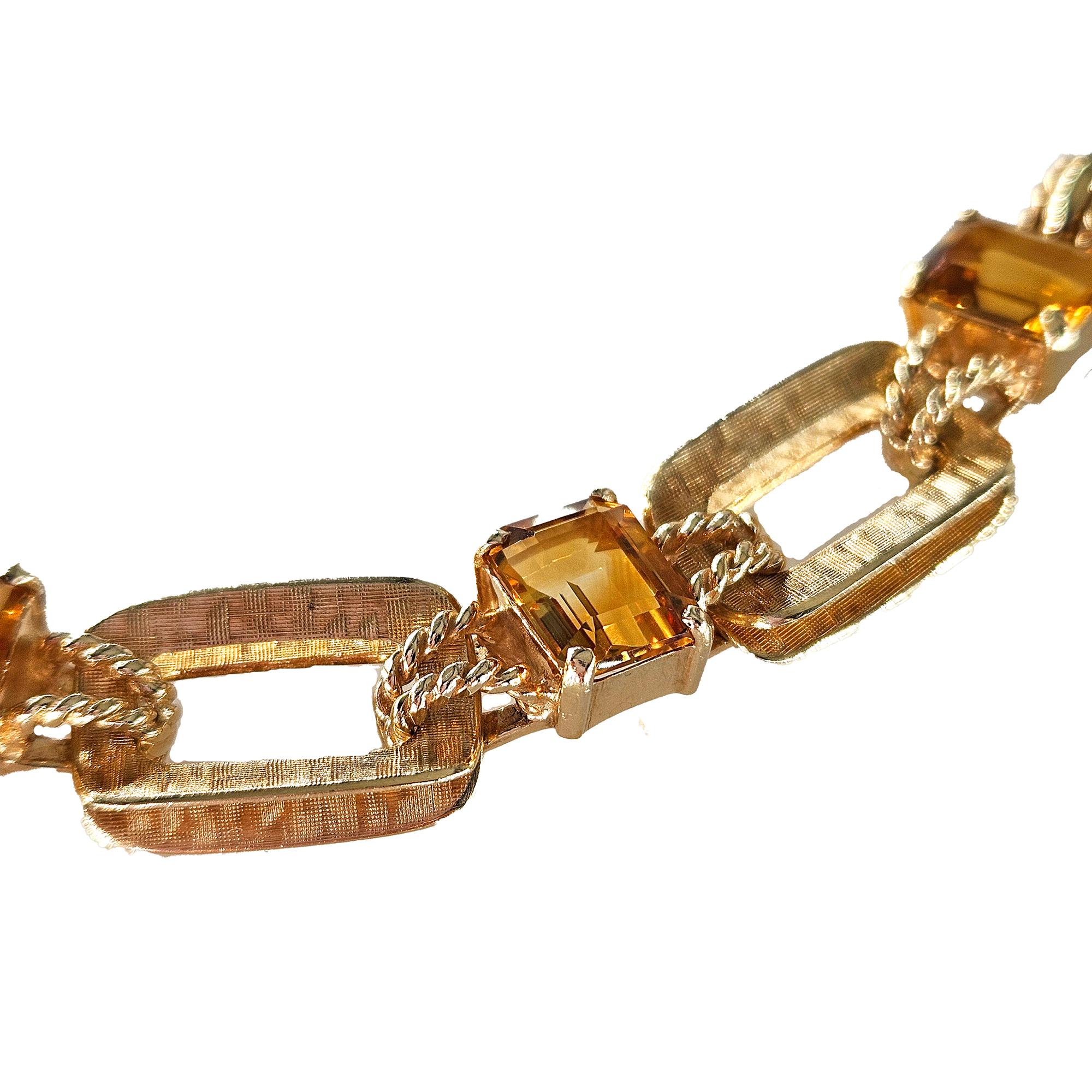 Vintage Retro 18.90ctw Emerald cut Citrine Line Link 14k Yellow Gold Bracelet For Sale 10