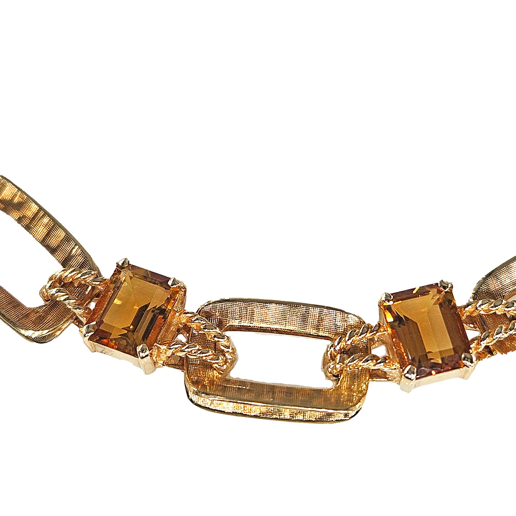Vintage Retro 18.90ctw Emerald cut Citrine Line Link 14k Yellow Gold Bracelet For Sale 11
