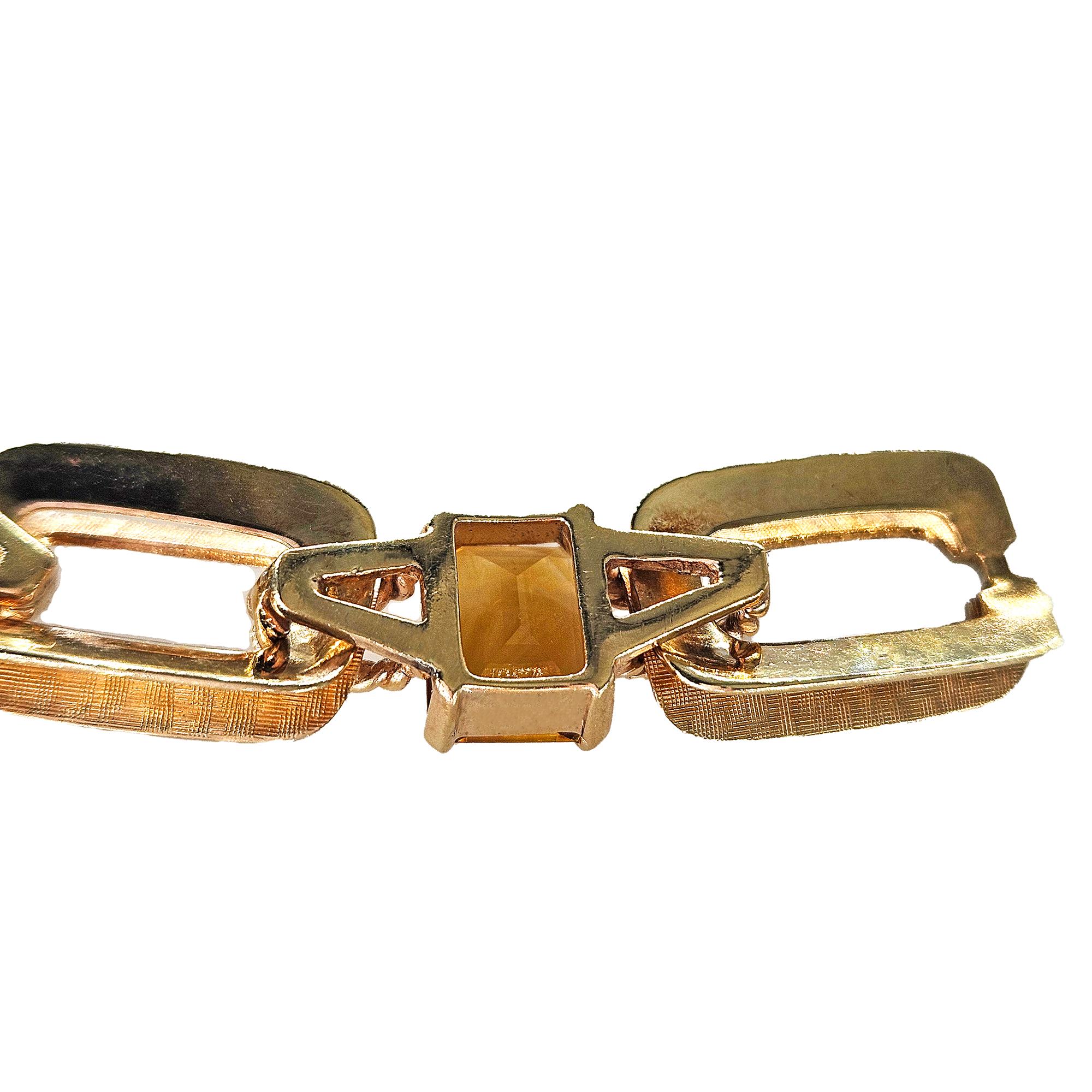 Vintage Retro 18.90ctw Emerald cut Citrine Line Link 14k Yellow Gold Bracelet For Sale 12