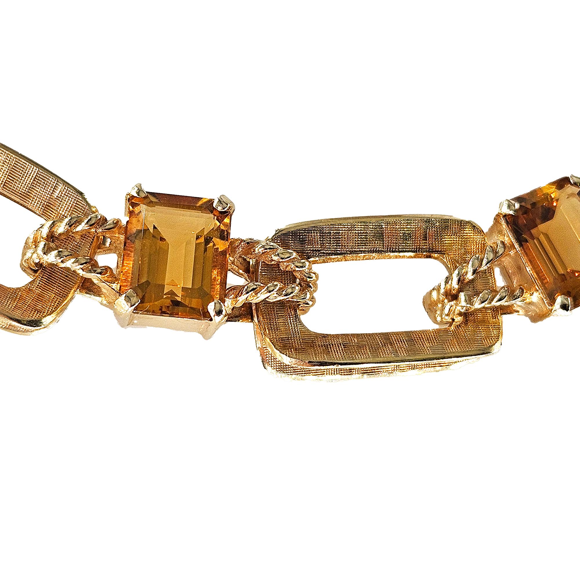 Emerald Cut Vintage Retro 18.90ctw Emerald cut Citrine Line Link 14k Yellow Gold Bracelet For Sale