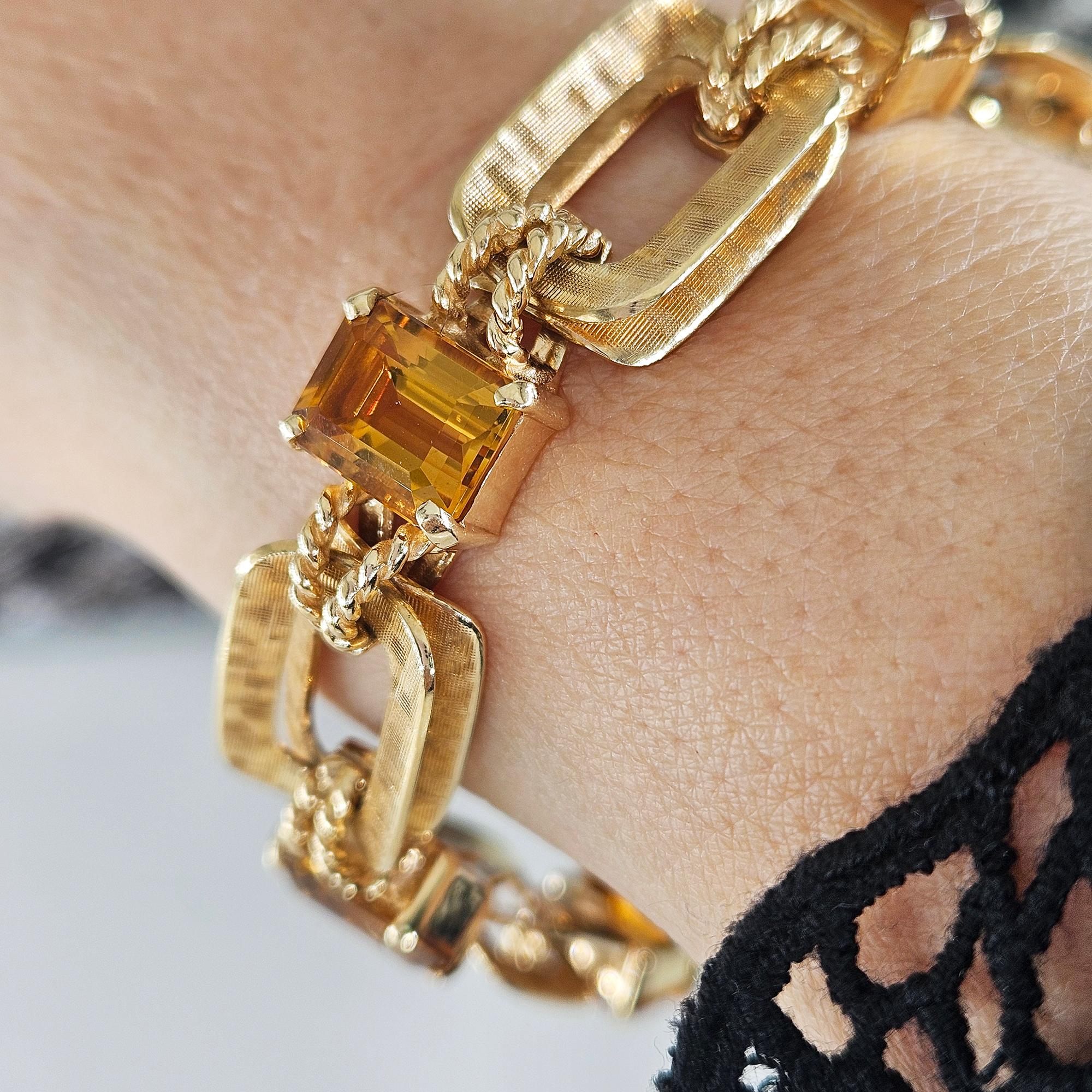 Vintage Retro 18.90ctw Emerald cut Citrine Line Link 14k Yellow Gold Bracelet For Sale 4