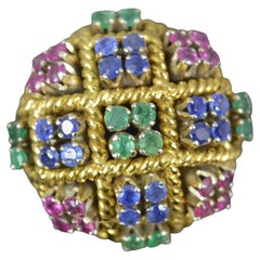 Vintage Retro 18ct Gold Ruby Emerald Sapphire Bombe Cluster Ring