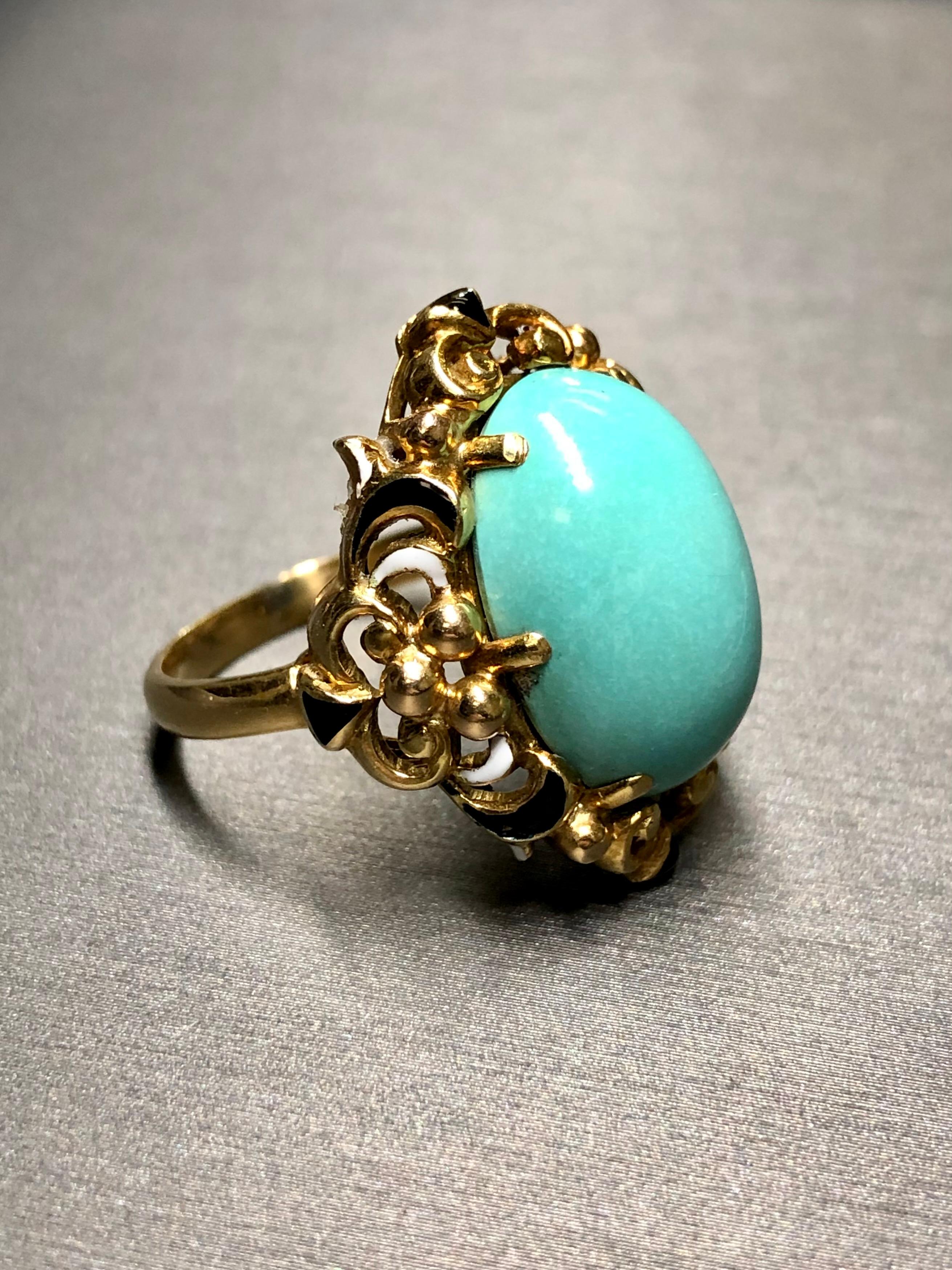 Vintage Retro 18K Cabochon Turquoise Enamel Cocktail Ring C. 1950’s In Good Condition For Sale In Winter Springs, FL
