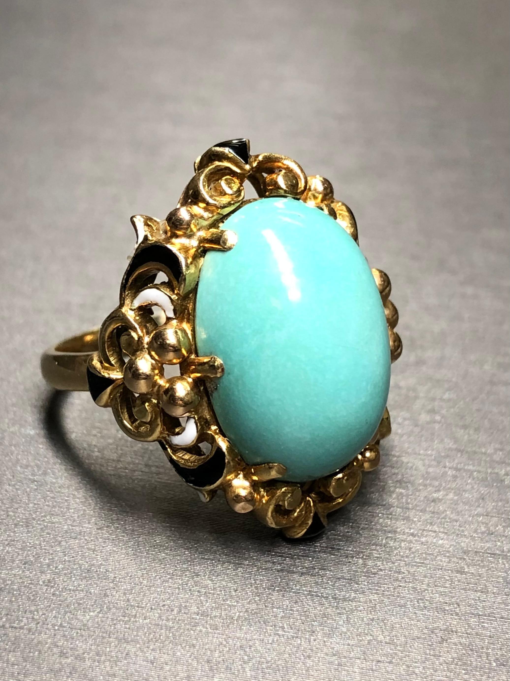 Women's or Men's Vintage Retro 18K Cabochon Turquoise Enamel Cocktail Ring C. 1950’s For Sale