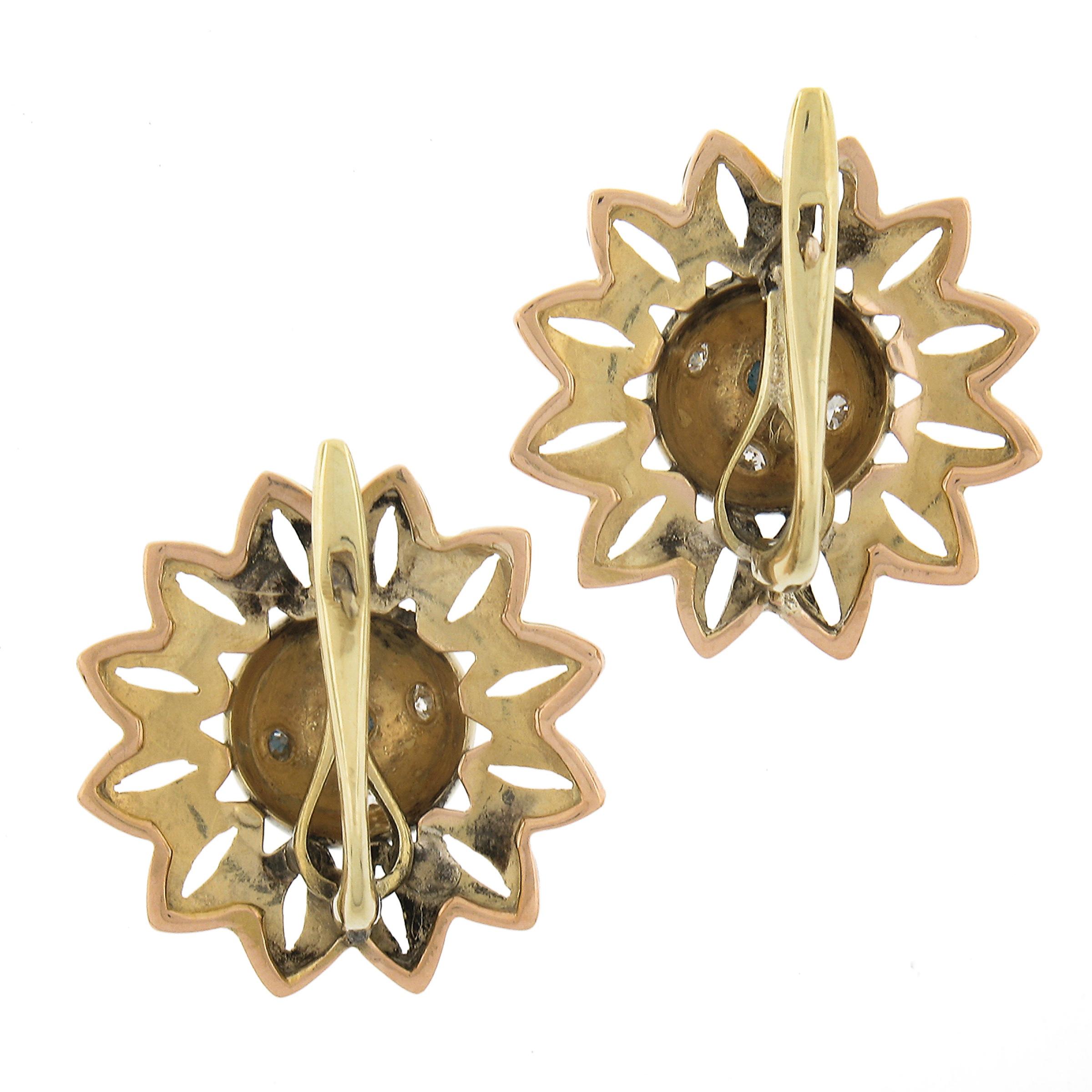 Vintage Retro 18K Gold 0,20ctw Star Pave Diamant offene Arbeit Blume Tropfen Ohrringe Damen im Angebot
