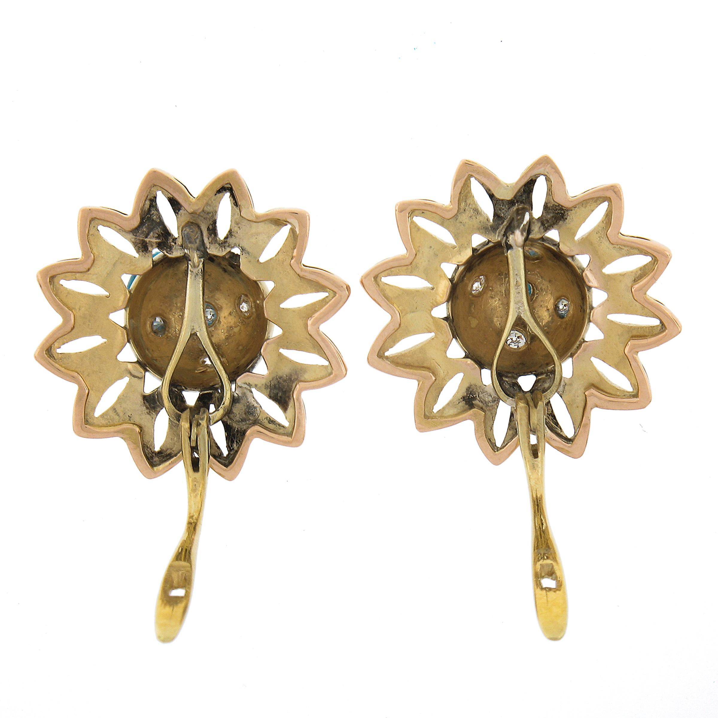 Vintage Retro 18K Gold 0.20ctw Star Pave Diamond Open Work Flower Drop Earrings For Sale 1
