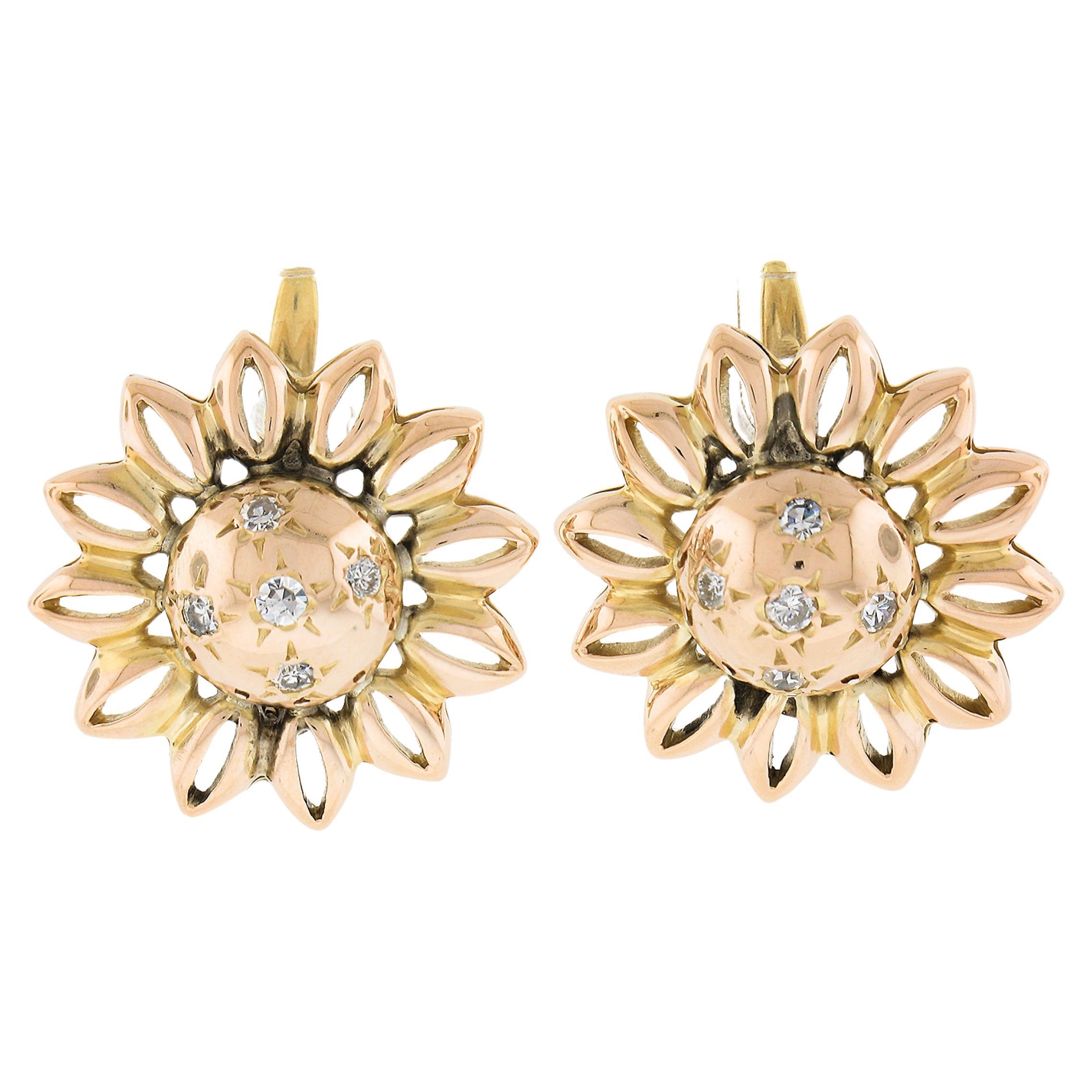 Vintage Retro 18K Gold 0.20ctw Star Pave Diamond Open Work Flower Drop Earrings For Sale