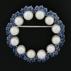 Vintage Retro 18k Gold 1.50ctw Sapphire & 5mm Akoya Pearl Open Wreath Pin Brooch