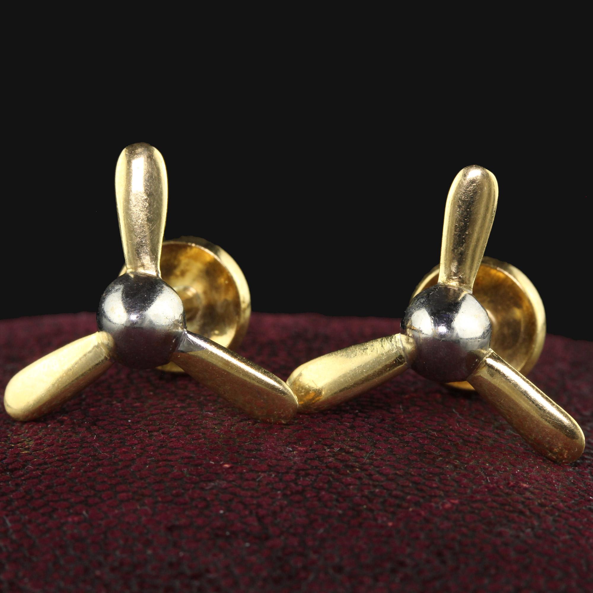 Beautiful Vintage Retro 18K Gold and Platinum Propeller Cufflinks. This incredible pair of propeller cufflinks are crafted in 18k yellow gold and platinum. The cufflinks have a nice size to them and are in good condition. The center portion of the