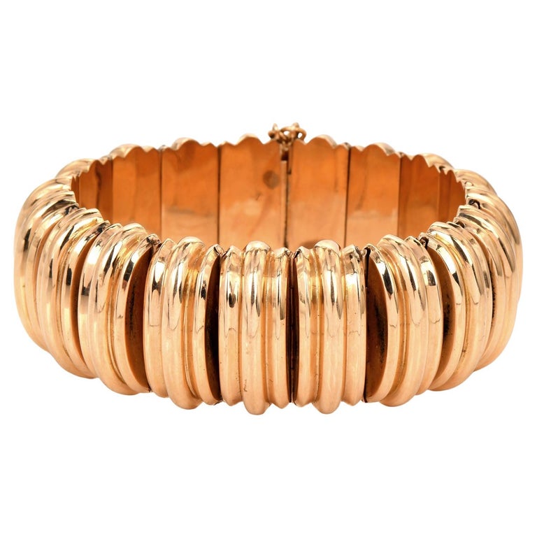 Vintage Retro 18K Gold Channelled Wide Link Chain Wide Bracelet For