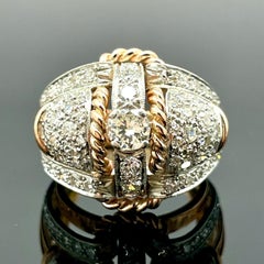 Vintage Retro 18k Rose Gold & Platinum Diamond Bombé Ring 1.75ctw