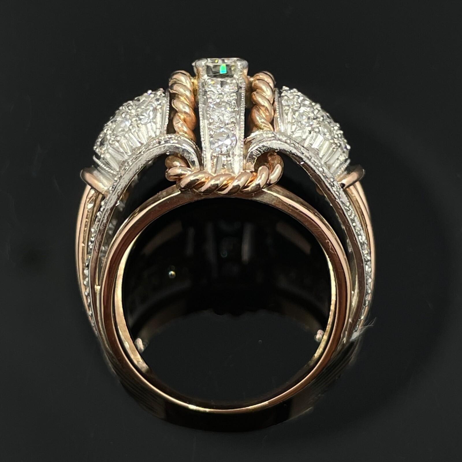 Vintage Retro Bague bombée en or rose 18k et platine avec diamant 1.75ctw Excellent état - En vente à Orlando, FL
