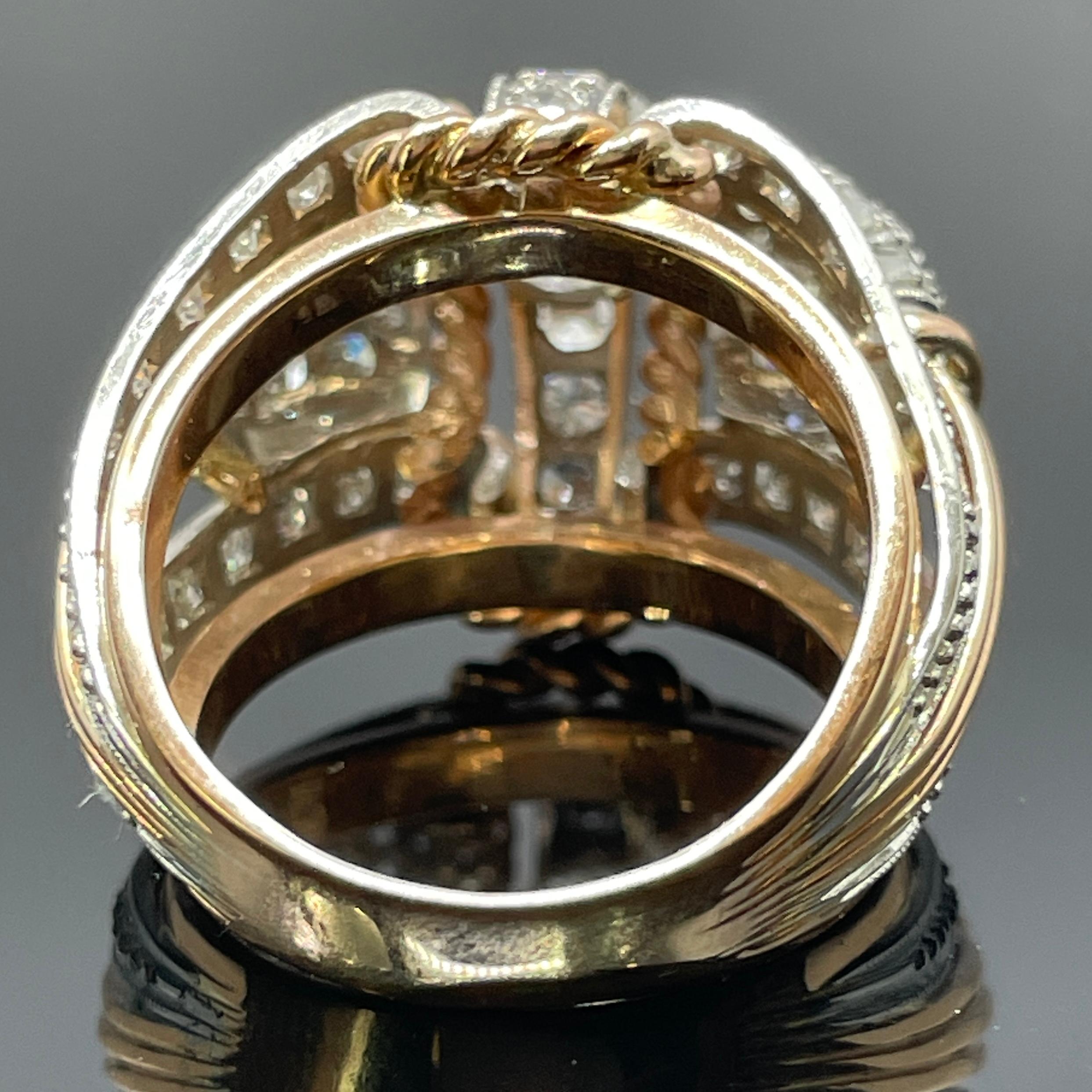 Vintage Retro Bague bombée en or rose 18k et platine avec diamant 1.75ctw Pour femmes en vente