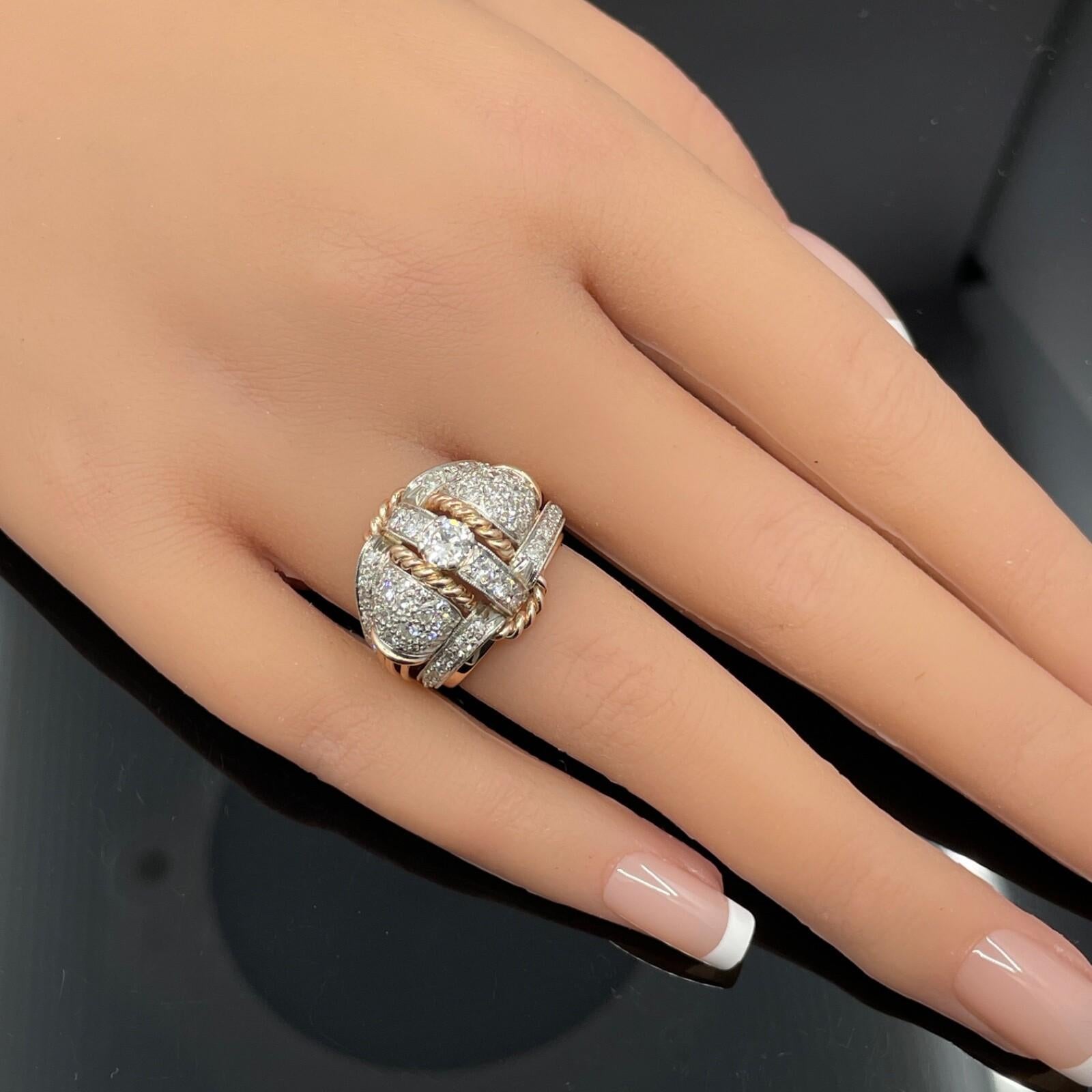 Vintage Retro Bague bombée en or rose 18k et platine avec diamant 1.75ctw en vente 1