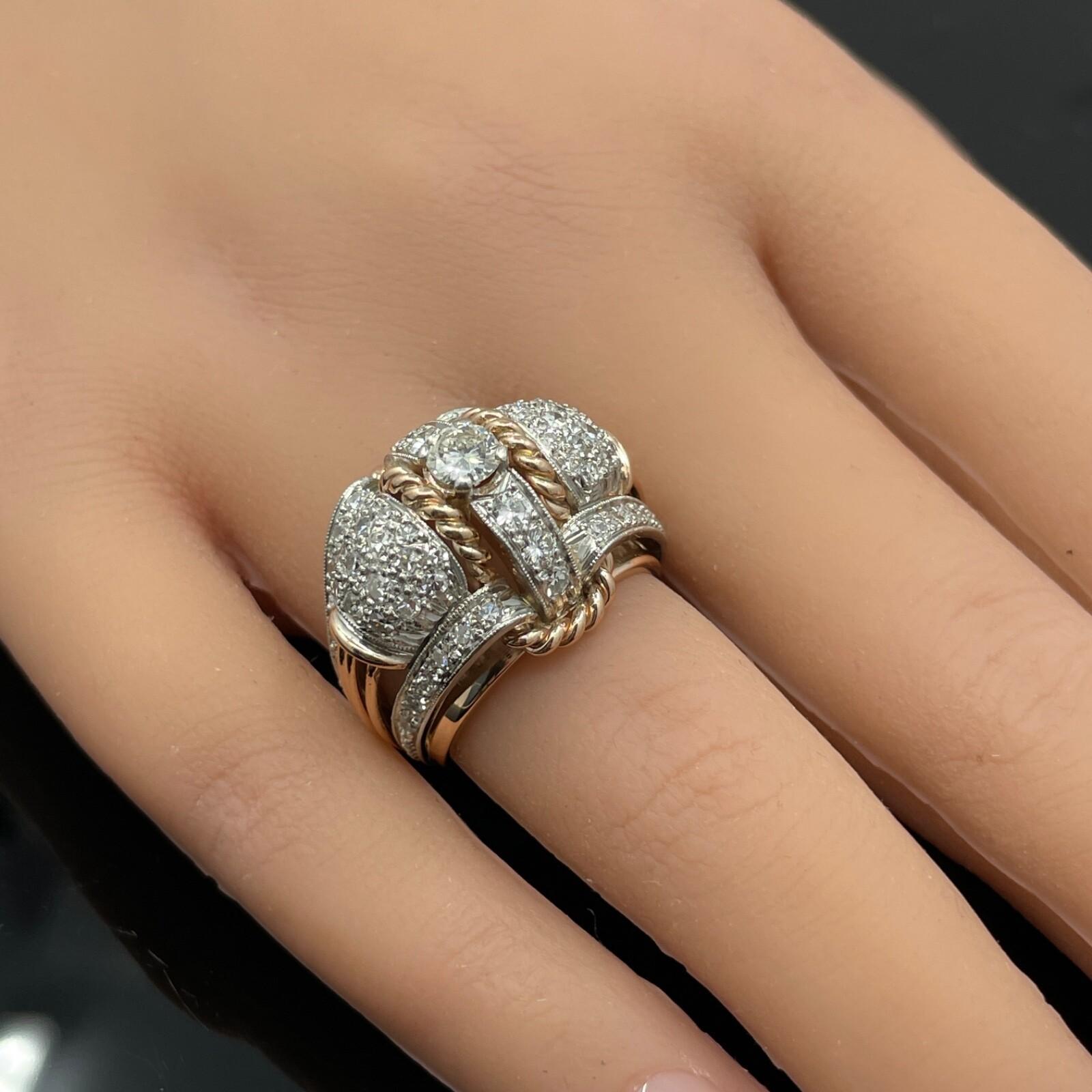 Vintage Retro Bague bombée en or rose 18k et platine avec diamant 1.75ctw en vente 2