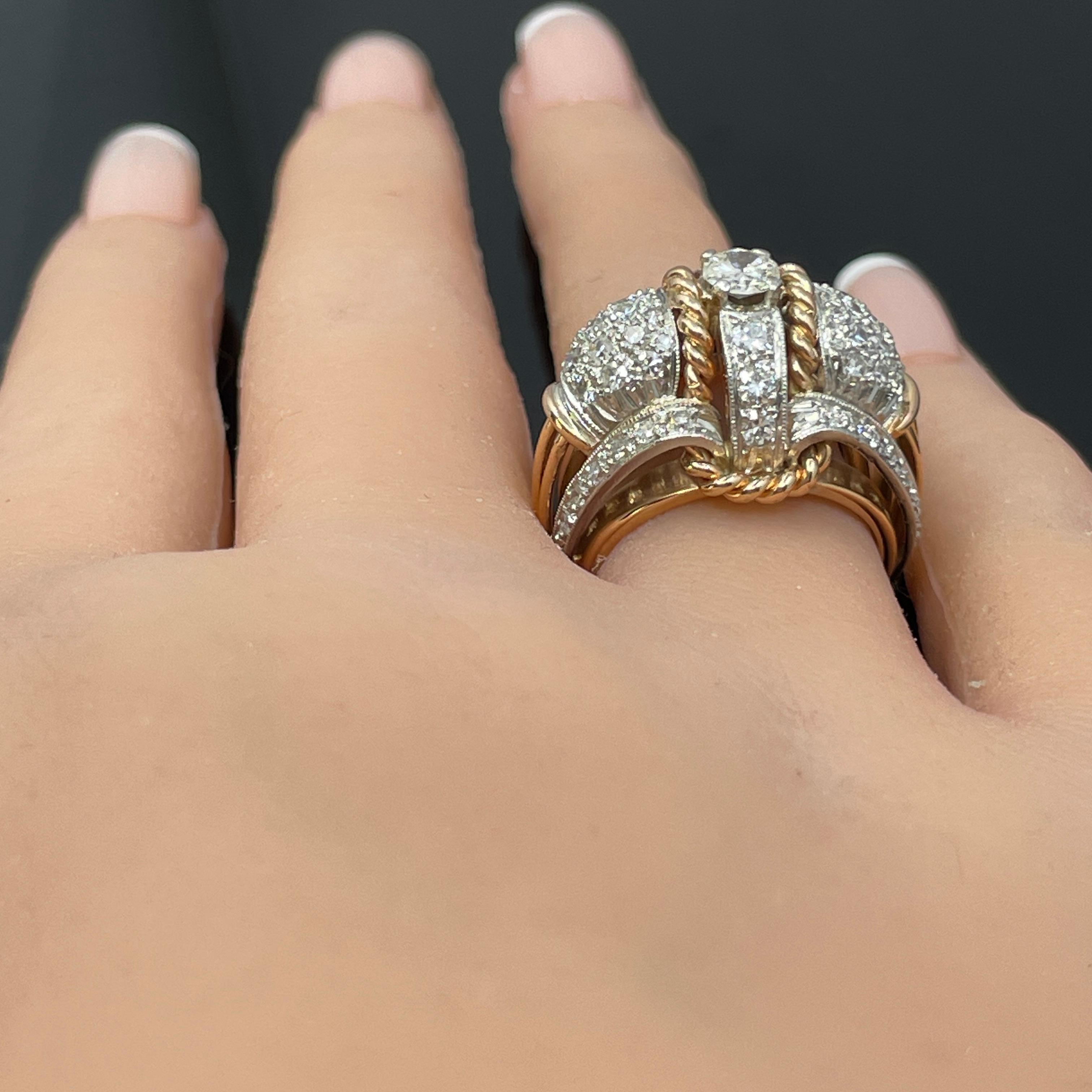 Vintage Retro Bague bombée en or rose 18k et platine avec diamant 1.75ctw en vente 3