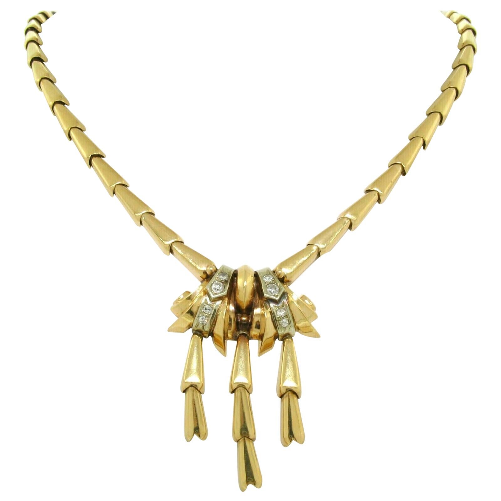 Vintage Retro 18k Rose Gold Serpent Statement Necklace w/ .36ctw Diamond Accents