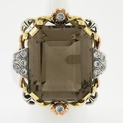 Vintage Retro 18k Tri Gold Smoky Quartz & 0.60ct Diamond Huge Cocktail Ring