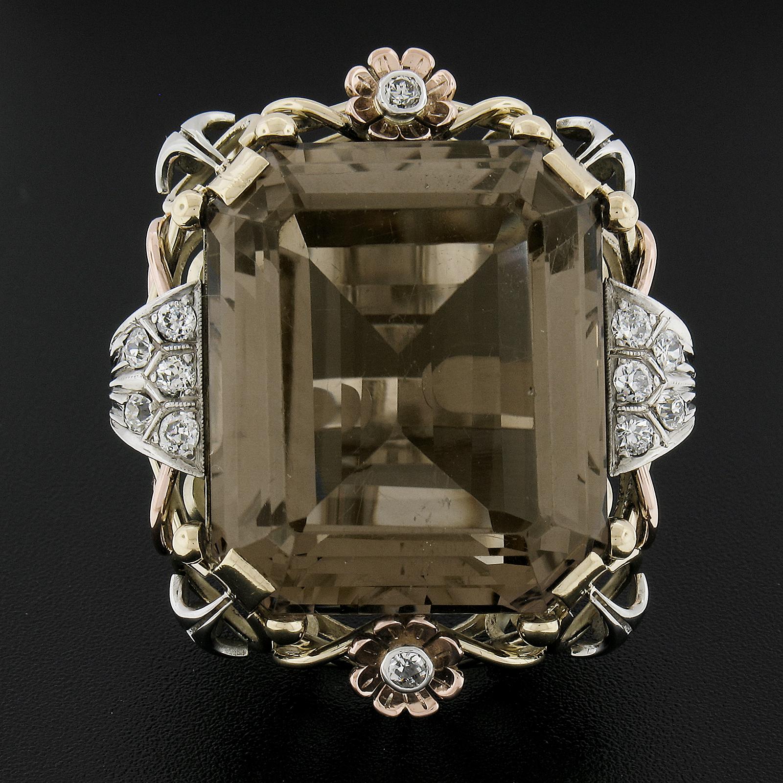 Vintage Retro 18k Tri Gold Rauchquarz & 0,60ct Diamant Großer Cocktail-Ring, Retro (Alteuropäischer Schliff) im Angebot