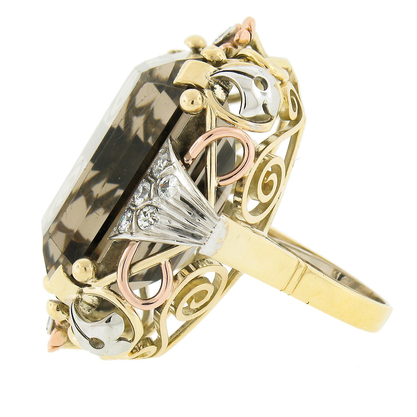 Vintage Retro 18k Tri Gold Rauchquarz & 0,60ct Diamant Großer Cocktail-Ring, Retro im Zustand „Hervorragend“ im Angebot in Montclair, NJ