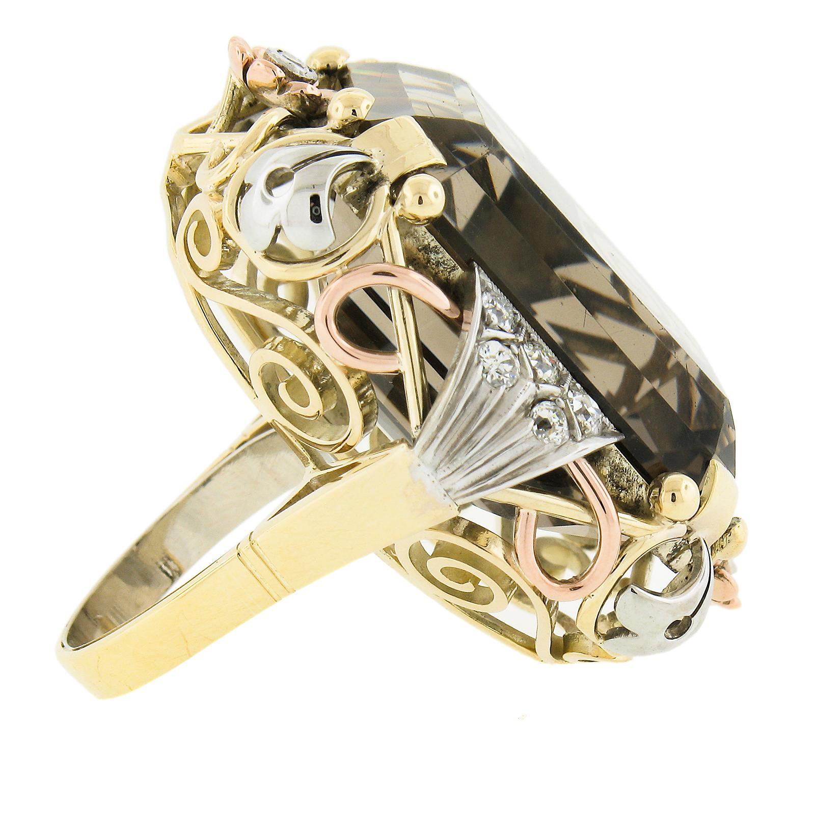 Vintage Retro 18k Tri Gold Rauchquarz & 0,60ct Diamant Großer Cocktail-Ring, Retro Damen im Angebot