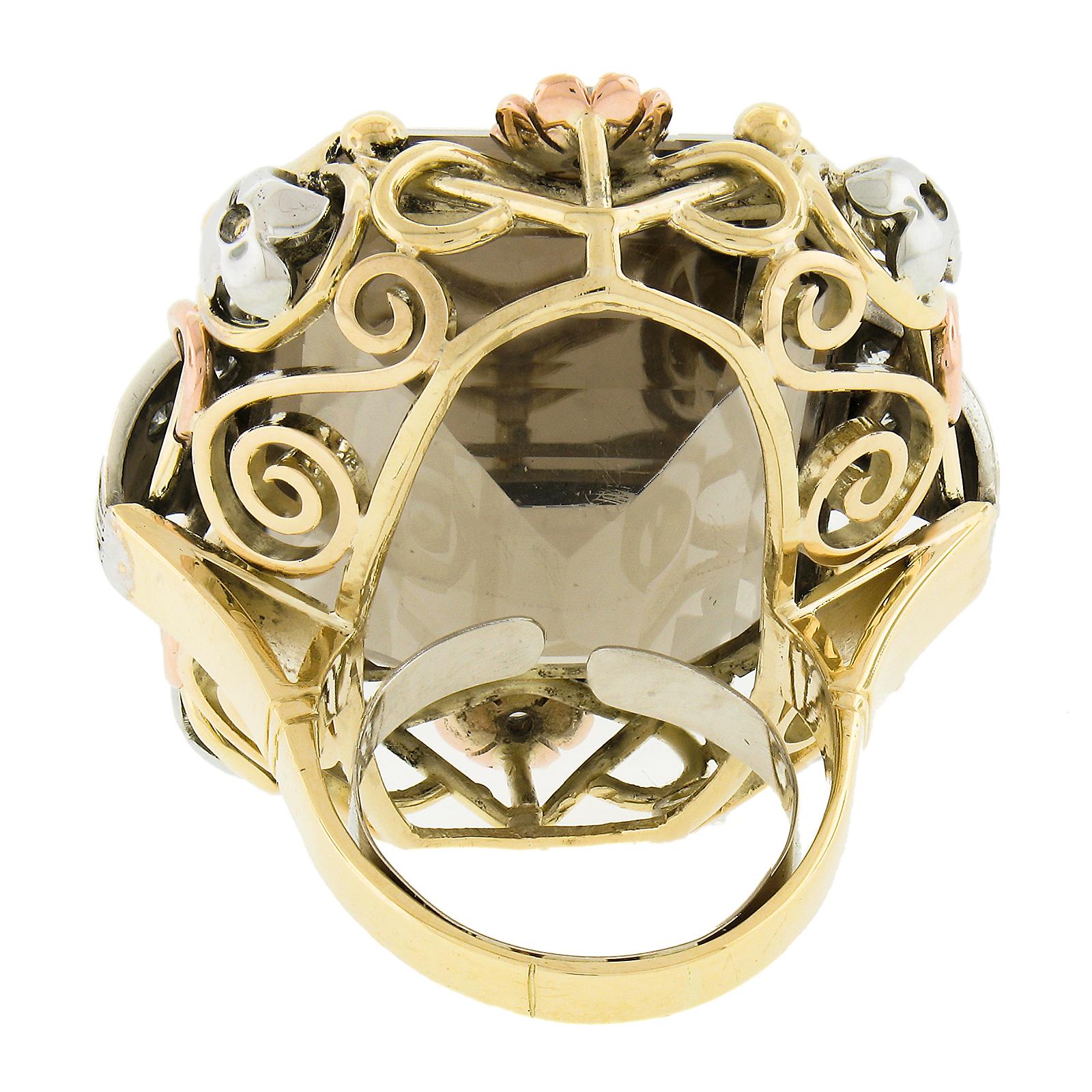 Vintage Retro 18k Tri Gold Rauchquarz & 0,60ct Diamant Großer Cocktail-Ring, Retro im Angebot 1